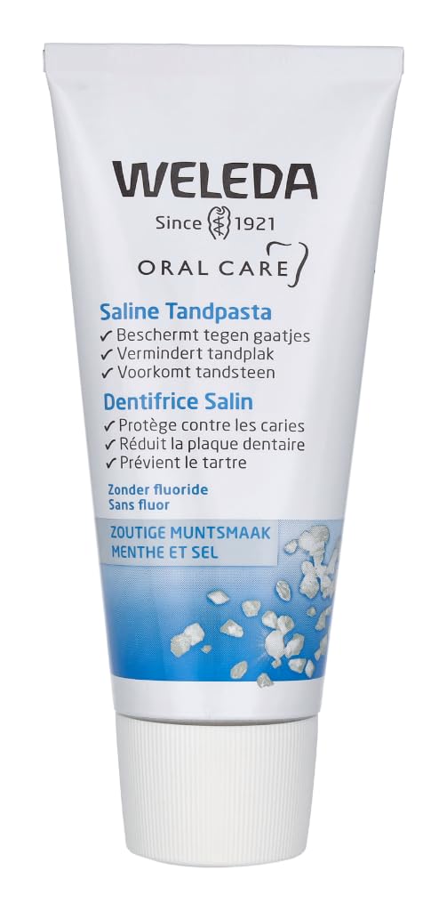 Weleda dentifrice au sel naturel, détail du tube et texture douce.