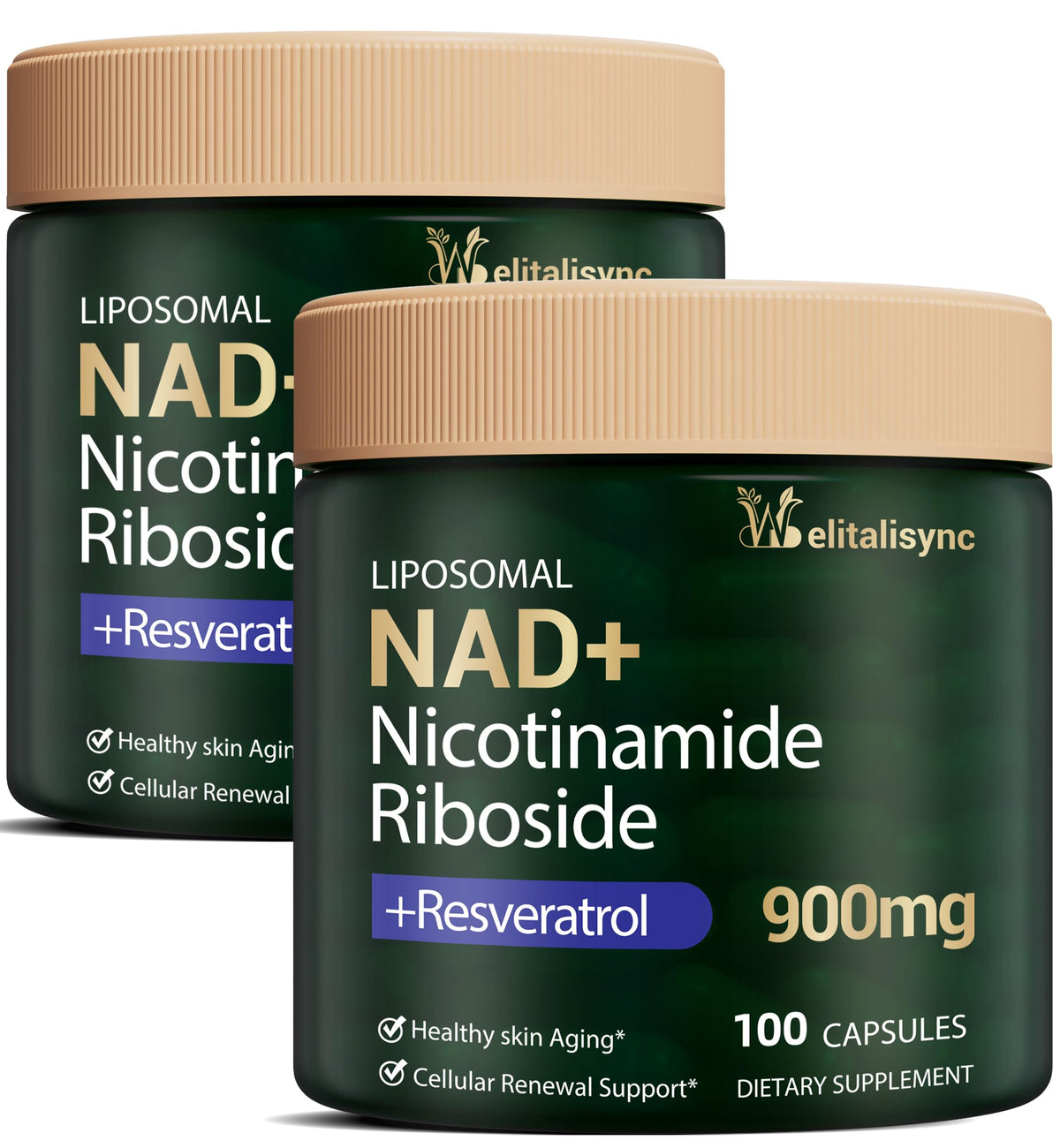 Welitalisync: bouteille nad-plus liposomale offrant énergie potentielle et clarté.