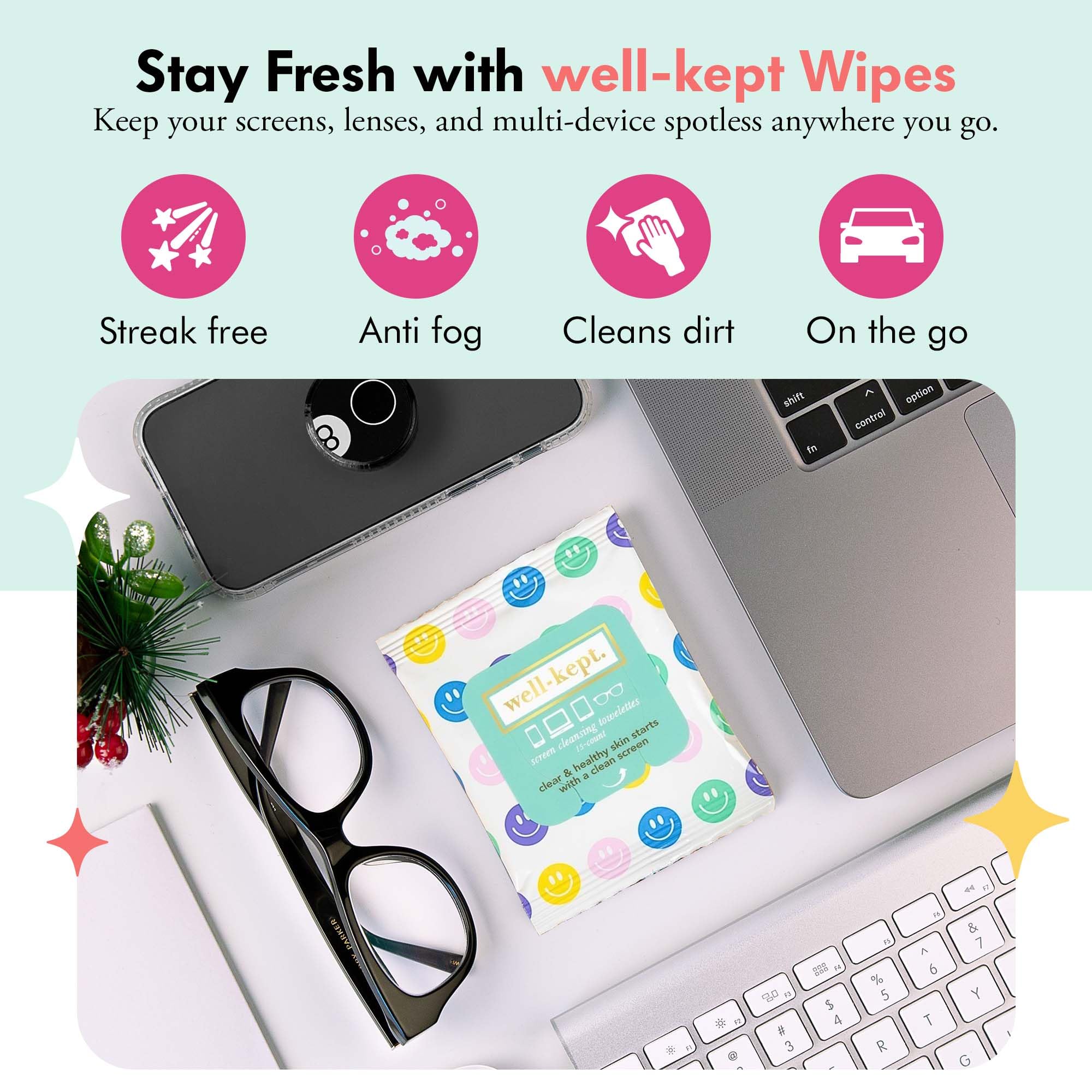 Lingettes Well-Kept sans traces pour lunettes et ecrans, usage quotidien
