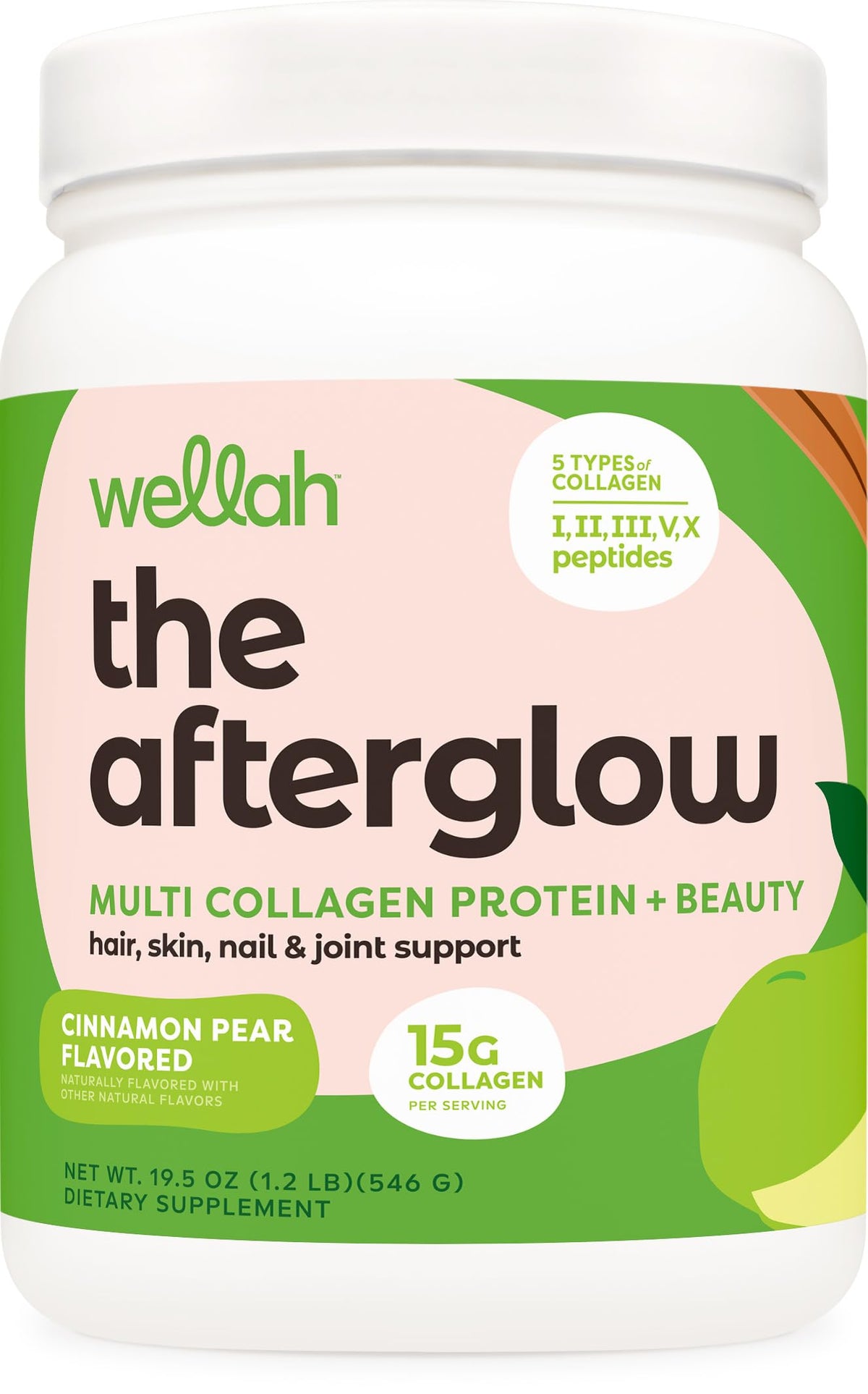 Wellah Afterglow bouteille cannelle-poire, soutien à la beauté et à l'énergie quotidienne.