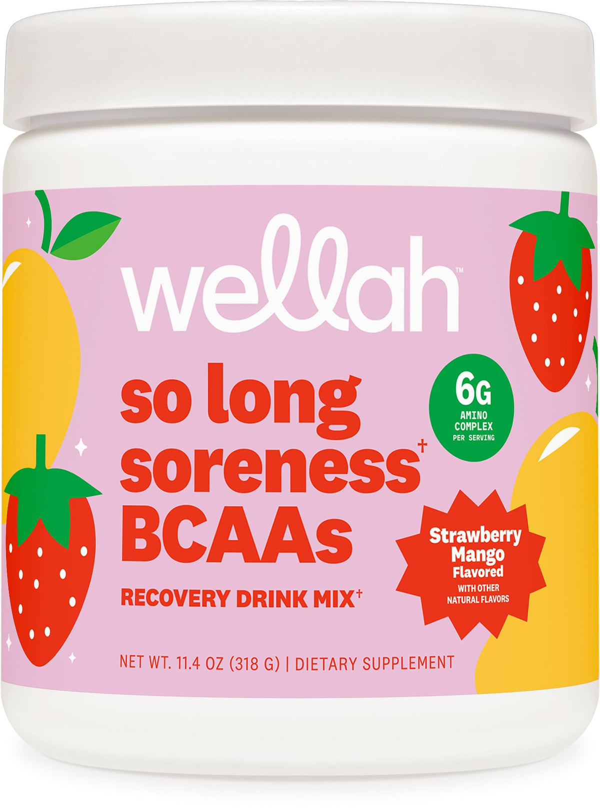 Wellah bcaa-poudre flacon goût fraise-mangue, boisson rafraîchissante post-entraînement.