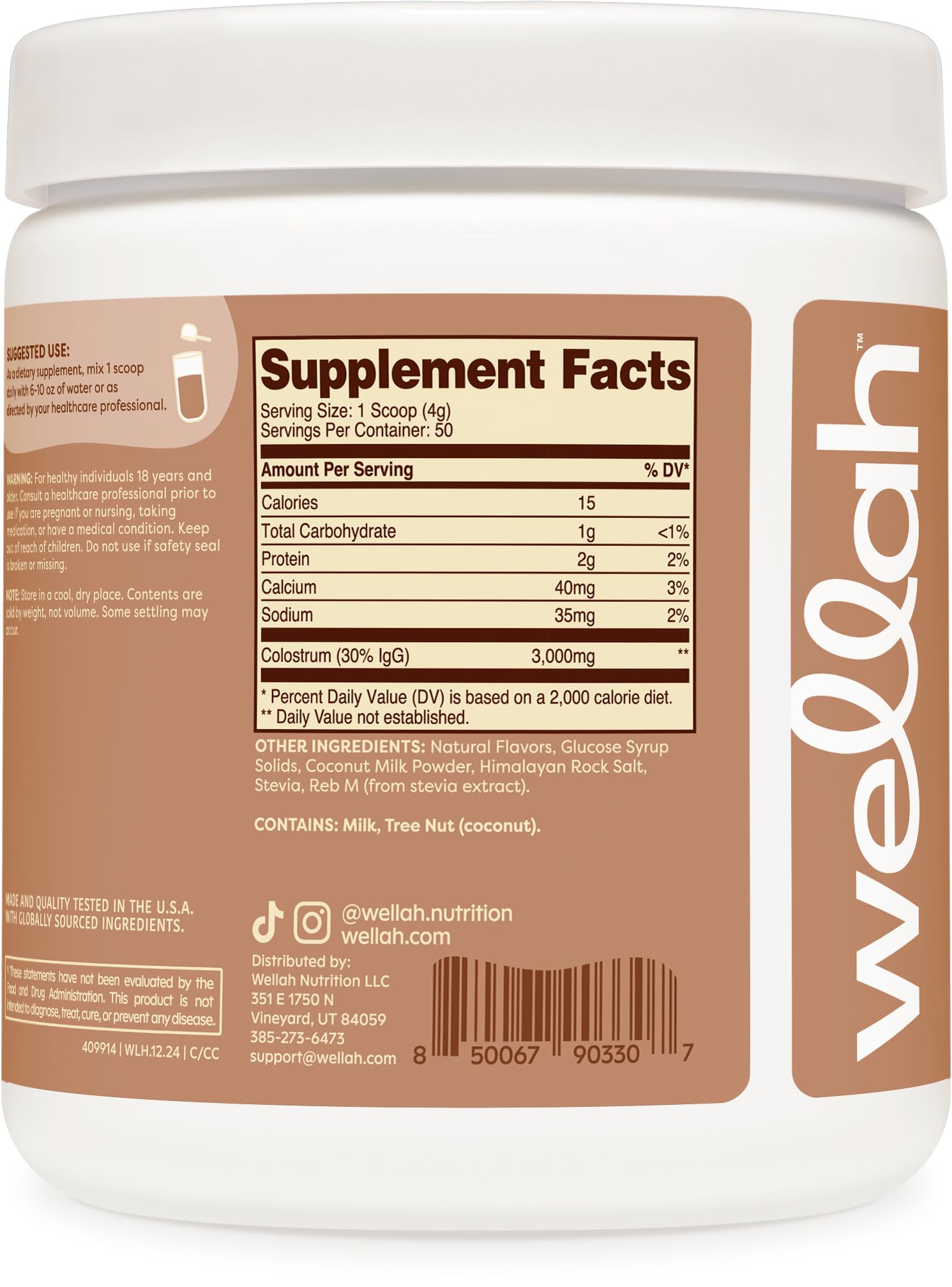 Dosette Wellah Colostrum Saveur Crème de Coco facilitant le dosage quotidien.