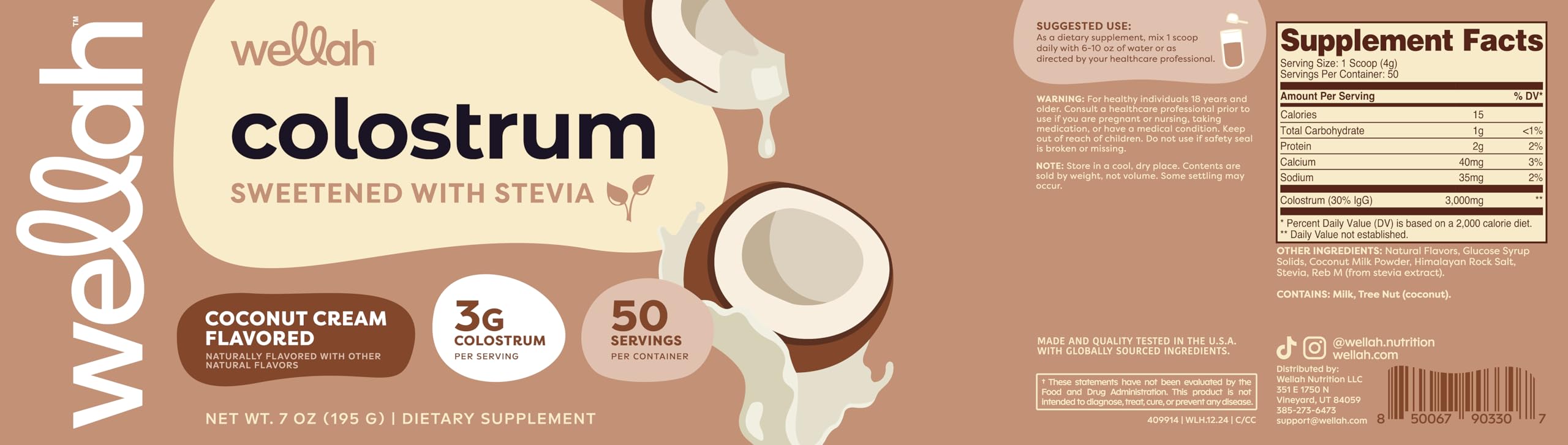 Emballage Wellah Colostrum Saveur Crème de Coco prêt à l’emploi et facile à ranger.