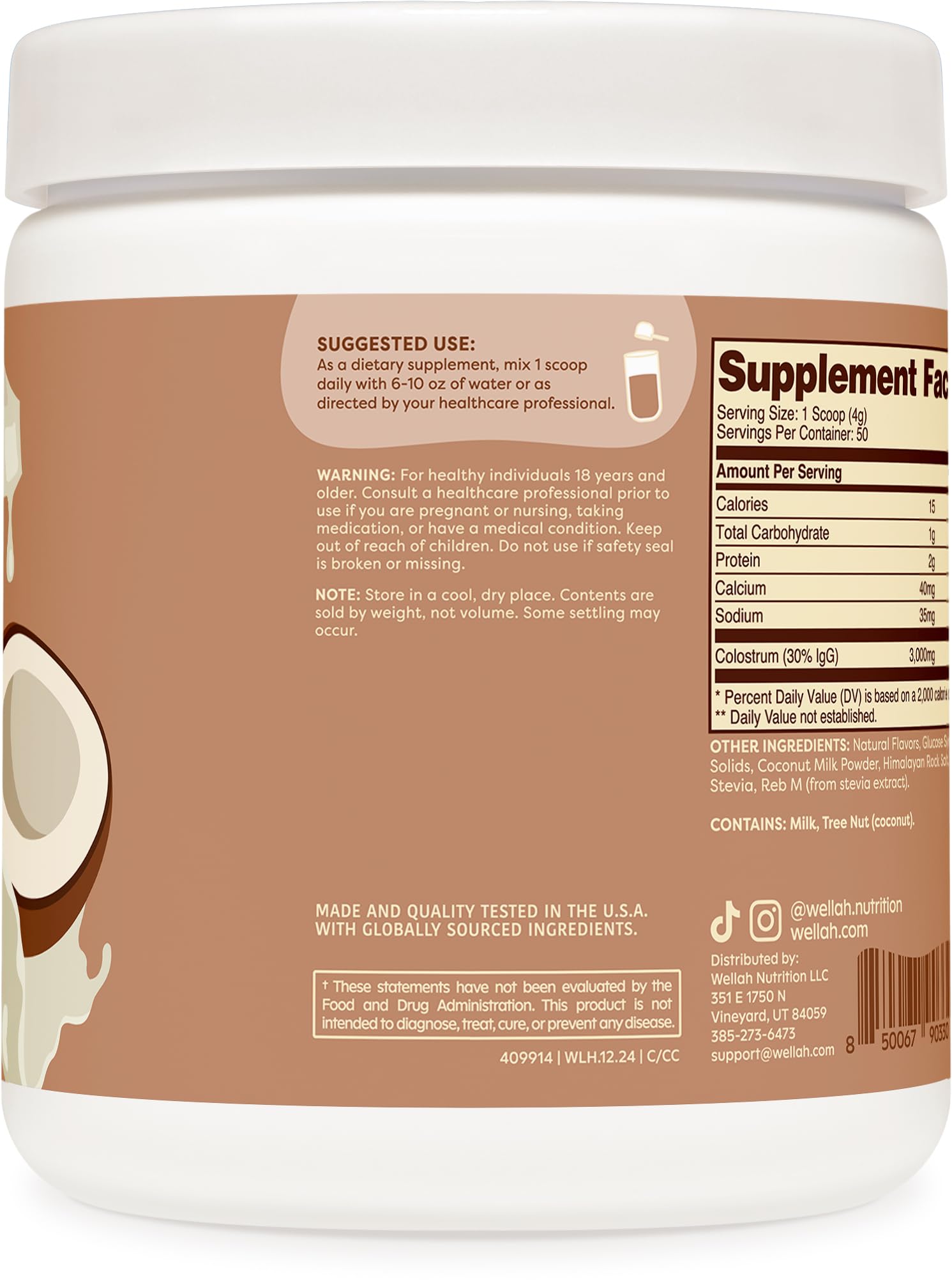 Étiquette Wellah Colostrum Saveur Crème de Coco montrant la qualité et les certifications.