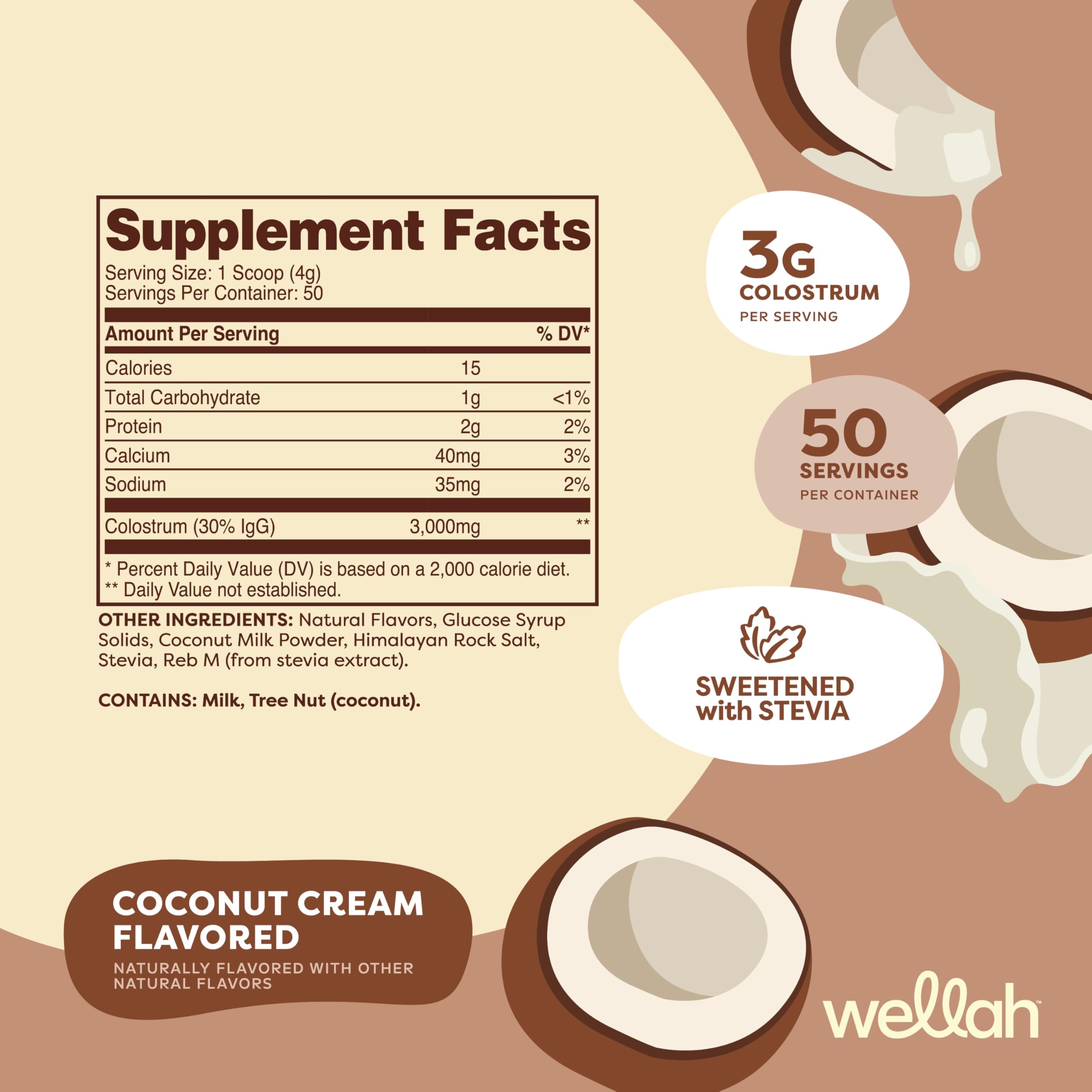 Pot Wellah Colostrum Saveur Crème de Coco avec dosage précis par portion.