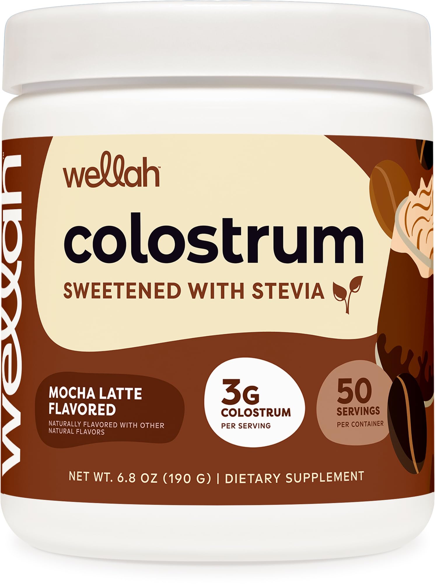 Wellah Colostrum Mocha Latte dans sa bouteille, prêt à booster votre routine