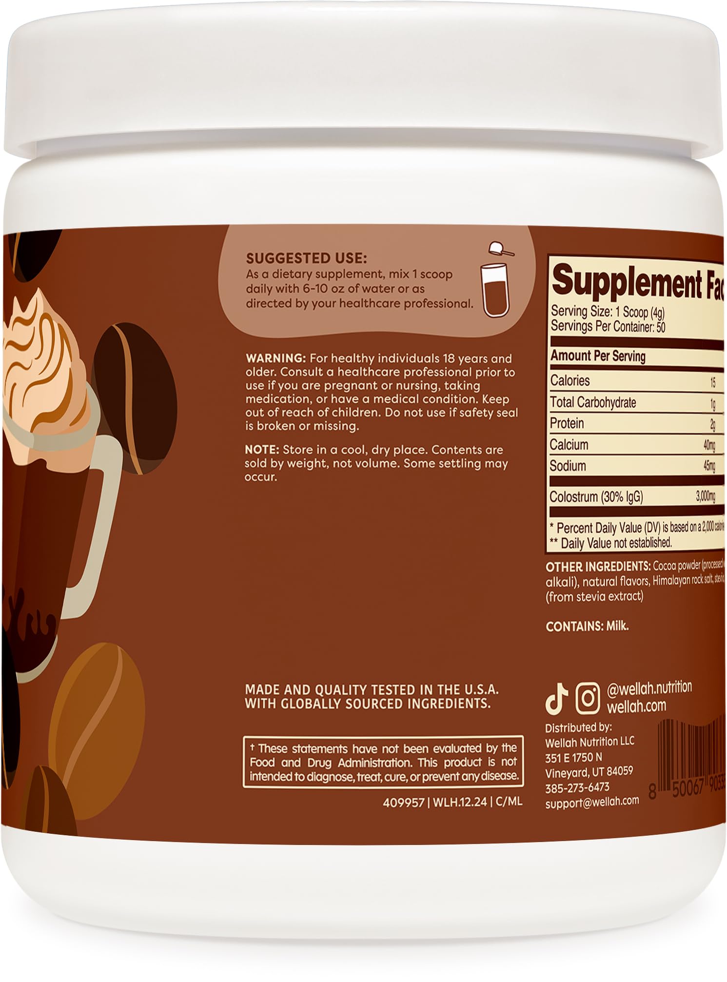 Wellah Colostrum Mocha Latte etiquette lisible sur emballage