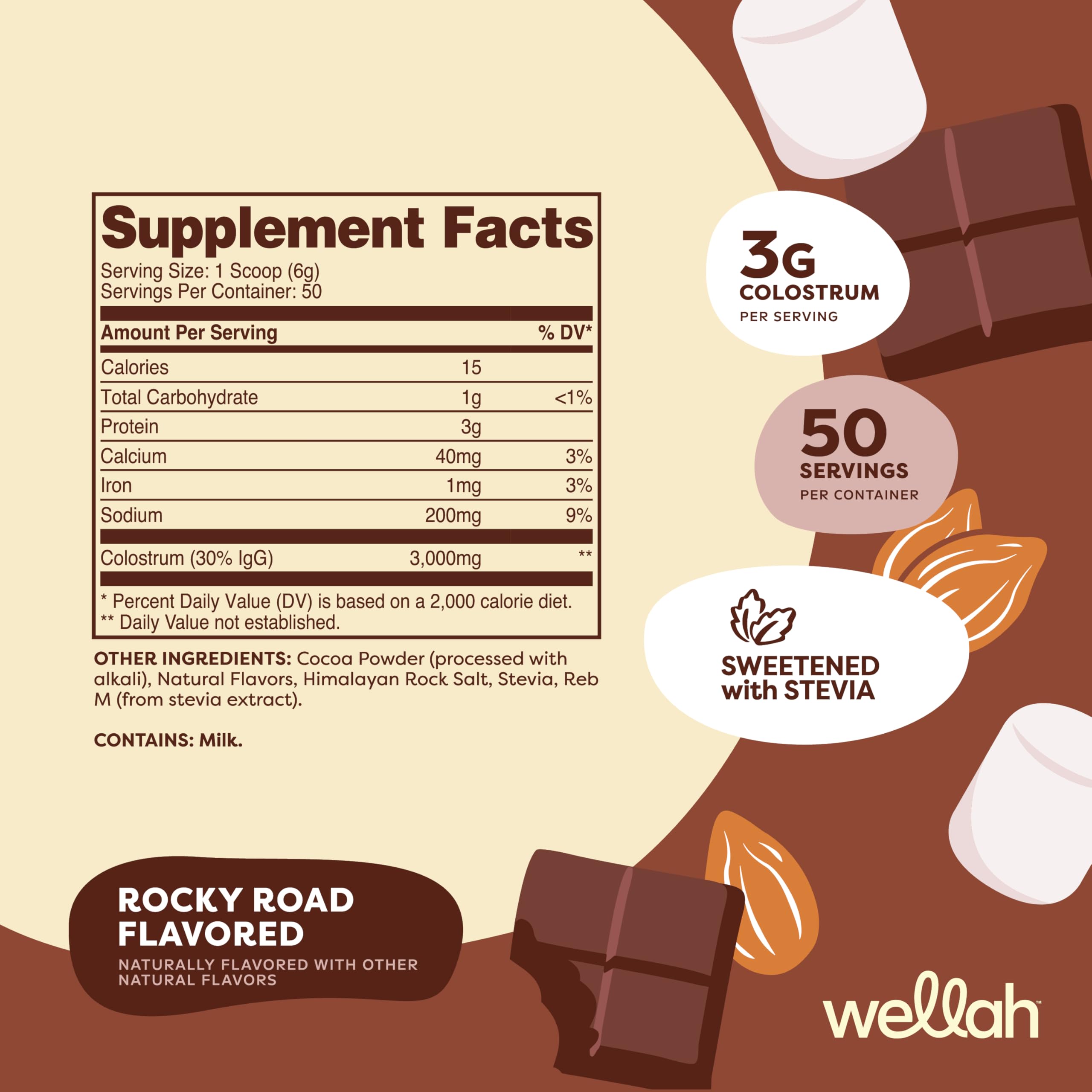 Wellah Colostrum Rocher et Chocolat, cuillère-doseuse, dose précise pour une routine fiable.