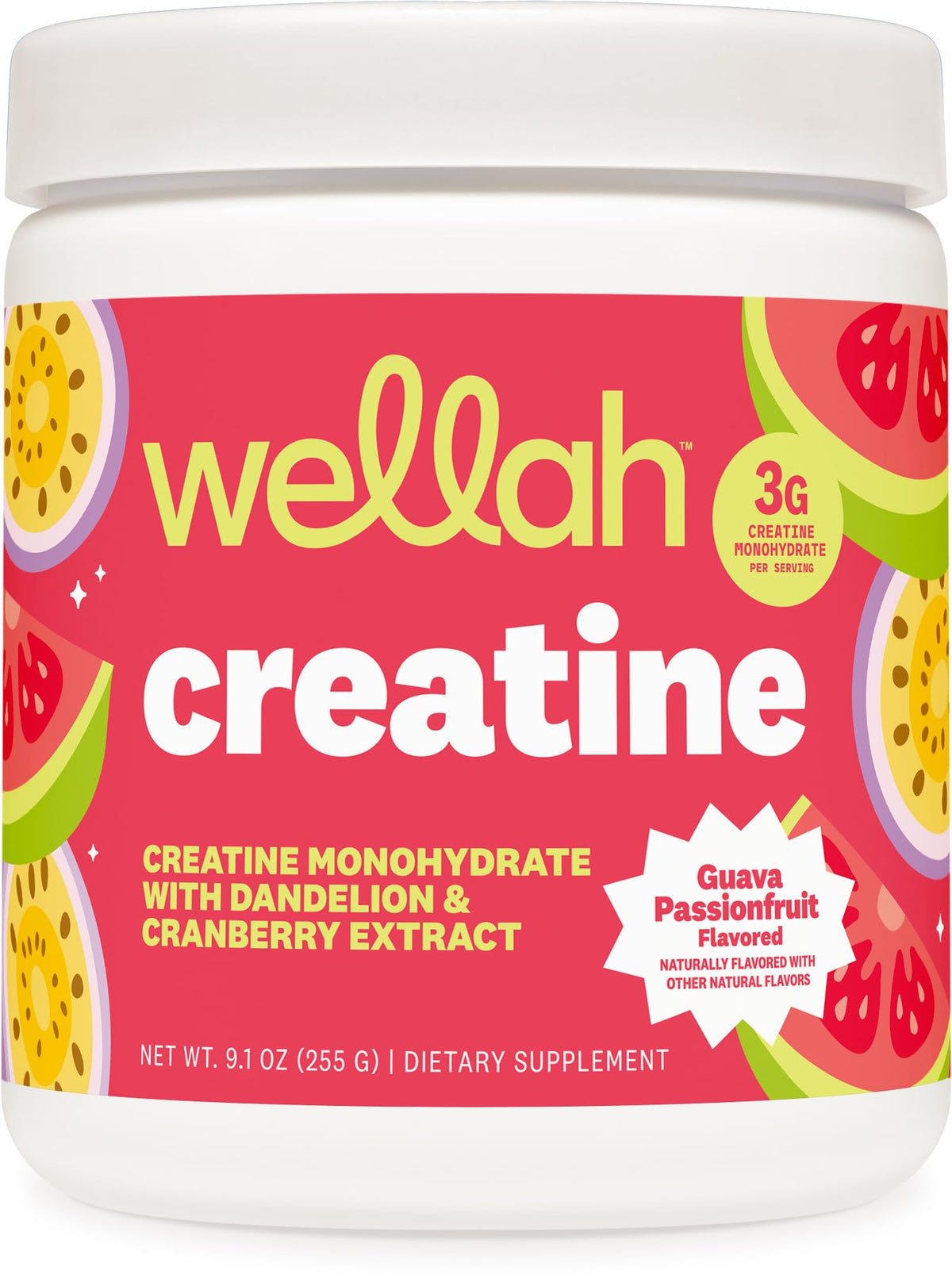 Wellah Creatine pour femmes, bouteille 50 portions, goût goyave et fruit de la passion.