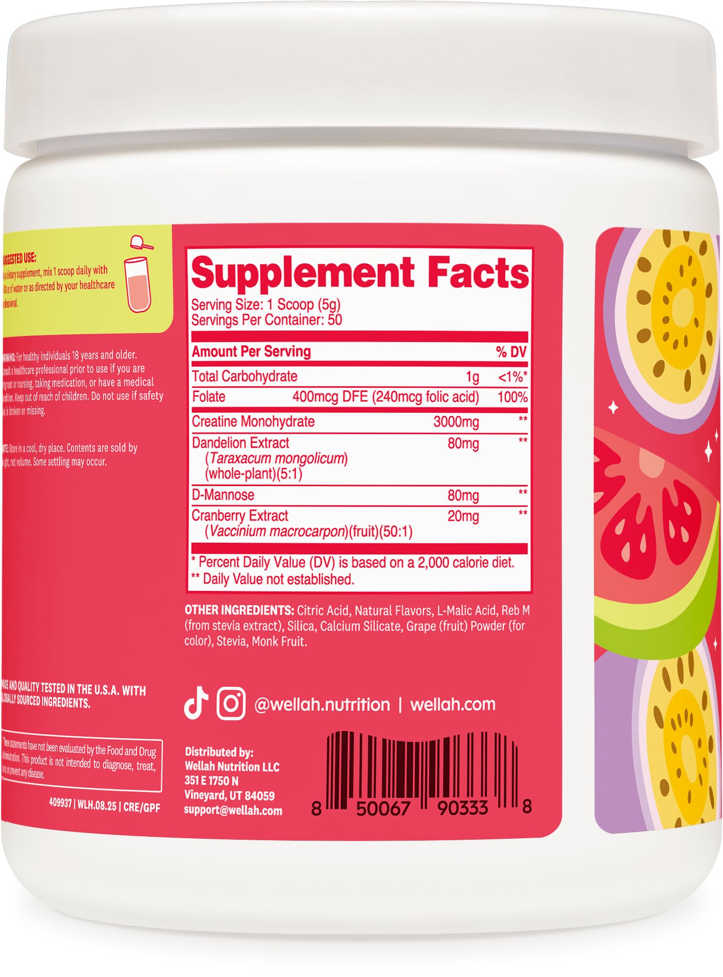Wellah Creatine: extraits pissenlit et cranberry pour un complément naturel.