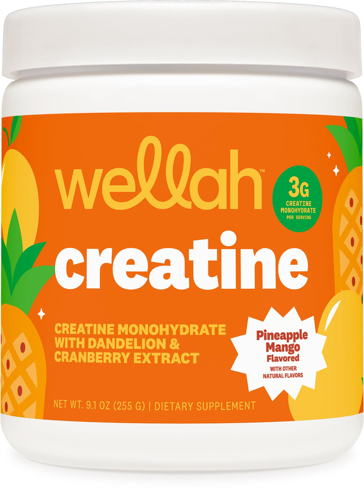 Wellah Creatine pour femme, flacon-poudre, saveur ananas-mangue, pratique au quotidien.