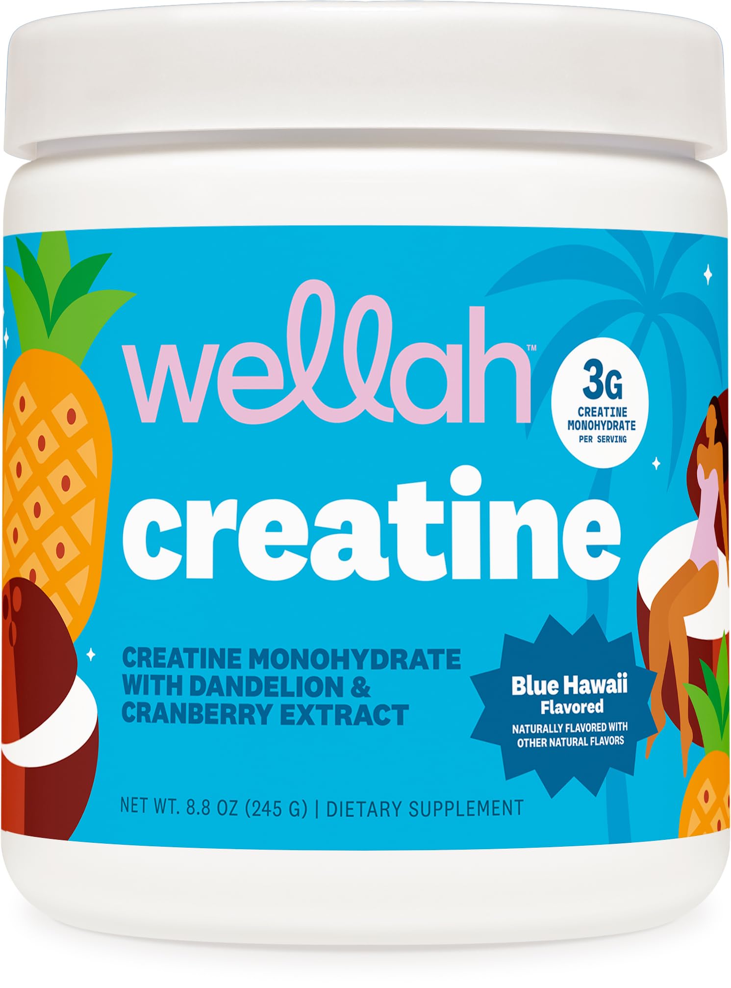 Wellah Creatine pour femmes Blue Hawaii dans sa boîte, idéale pour 50 portions quotidiennes