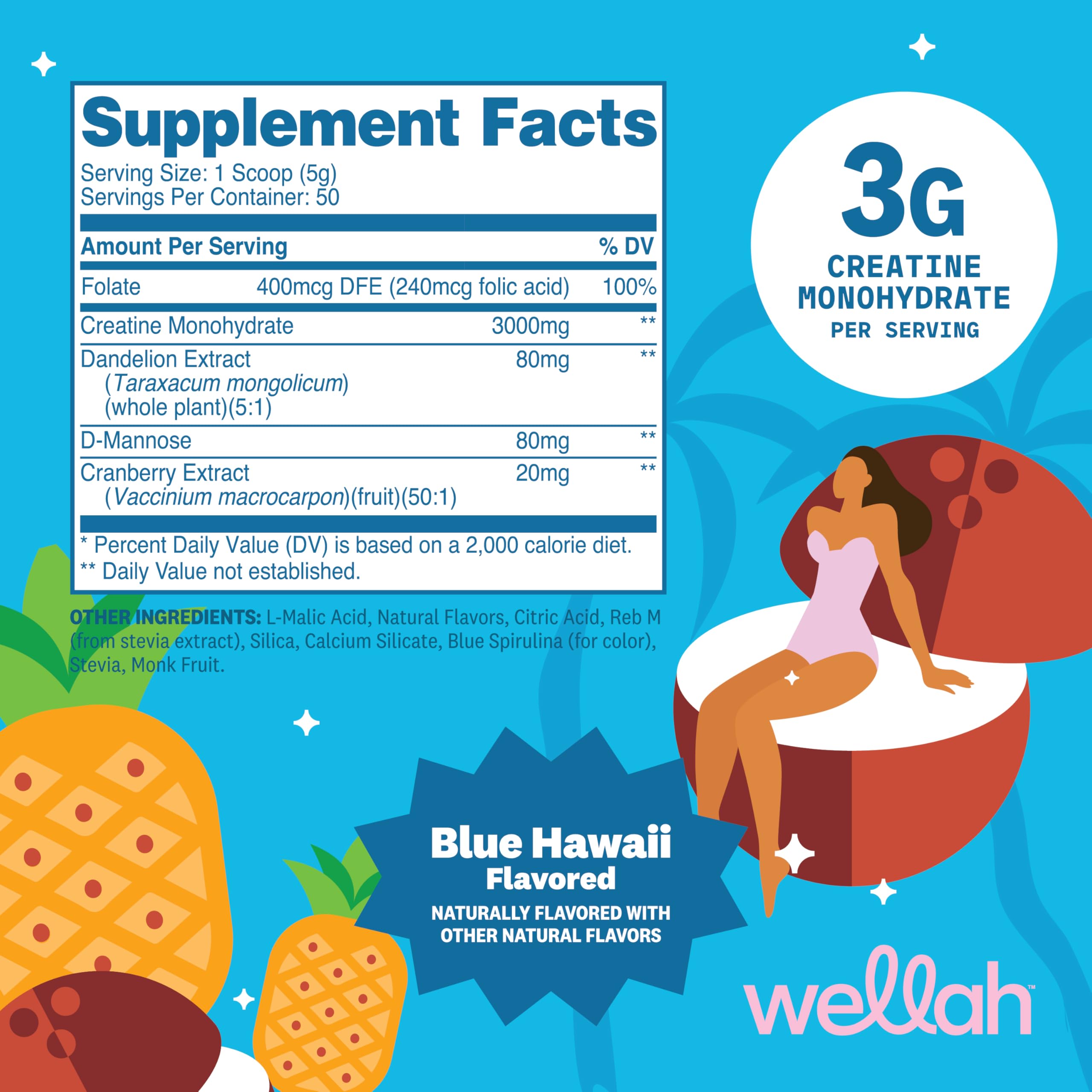 Préparation Wellah Creatine Blue Hawaii dans un verre, goût tropical rafraîchissant