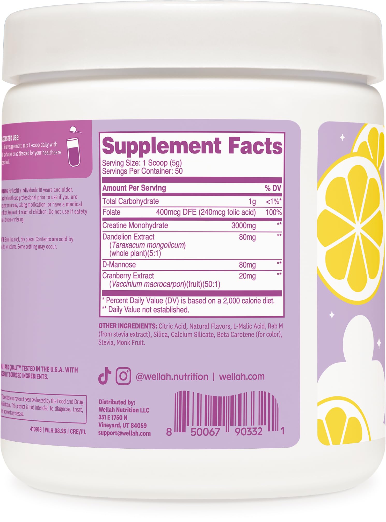 Wellah Créatine pour Femmes, bouteille de 50 portions certifiée NSF et GMP, qualité contrôlée