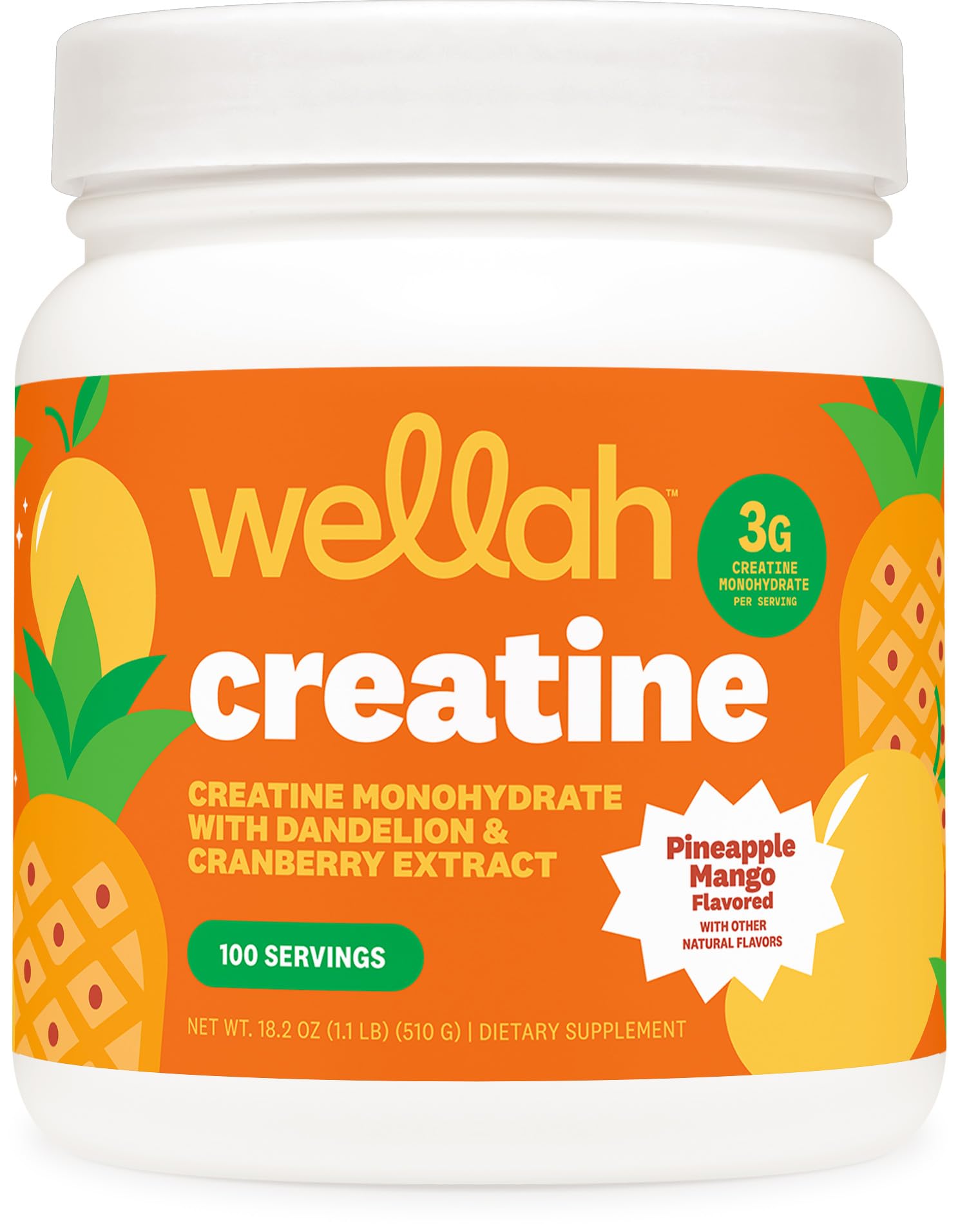 Wellah Créatine pour femmes, bouteille saveur Ananas-Mangue, idéal pour soutenir l'endurance pendant l'entraînement.