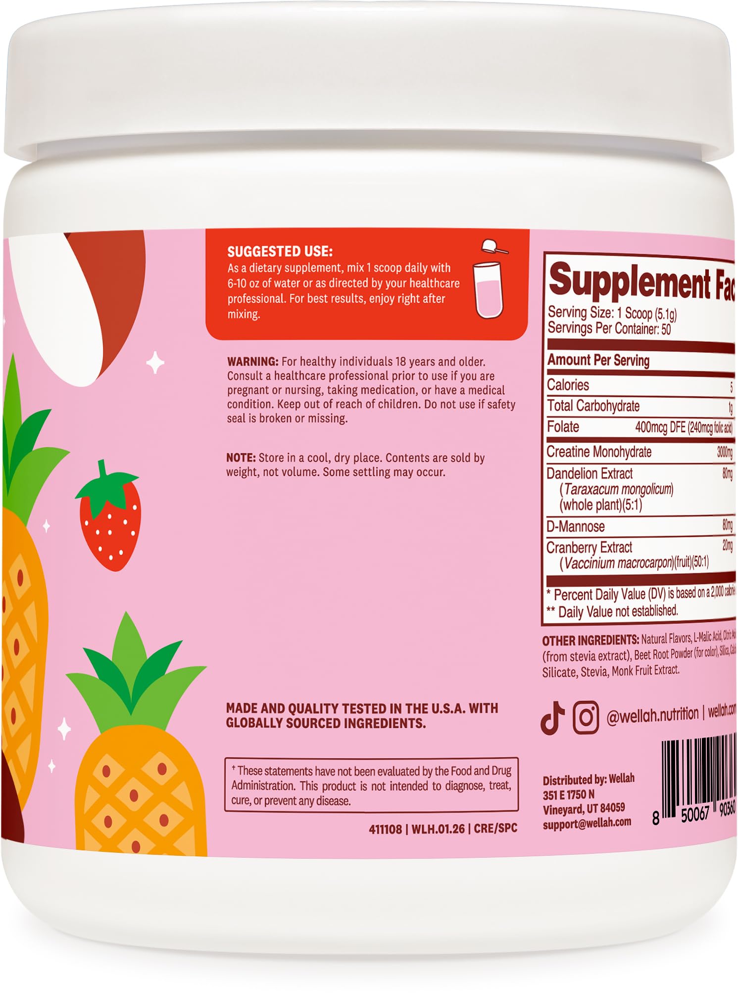 Wellah Créatine saveur Fraise Piña Colada, goût frais pour votre routine sportive.