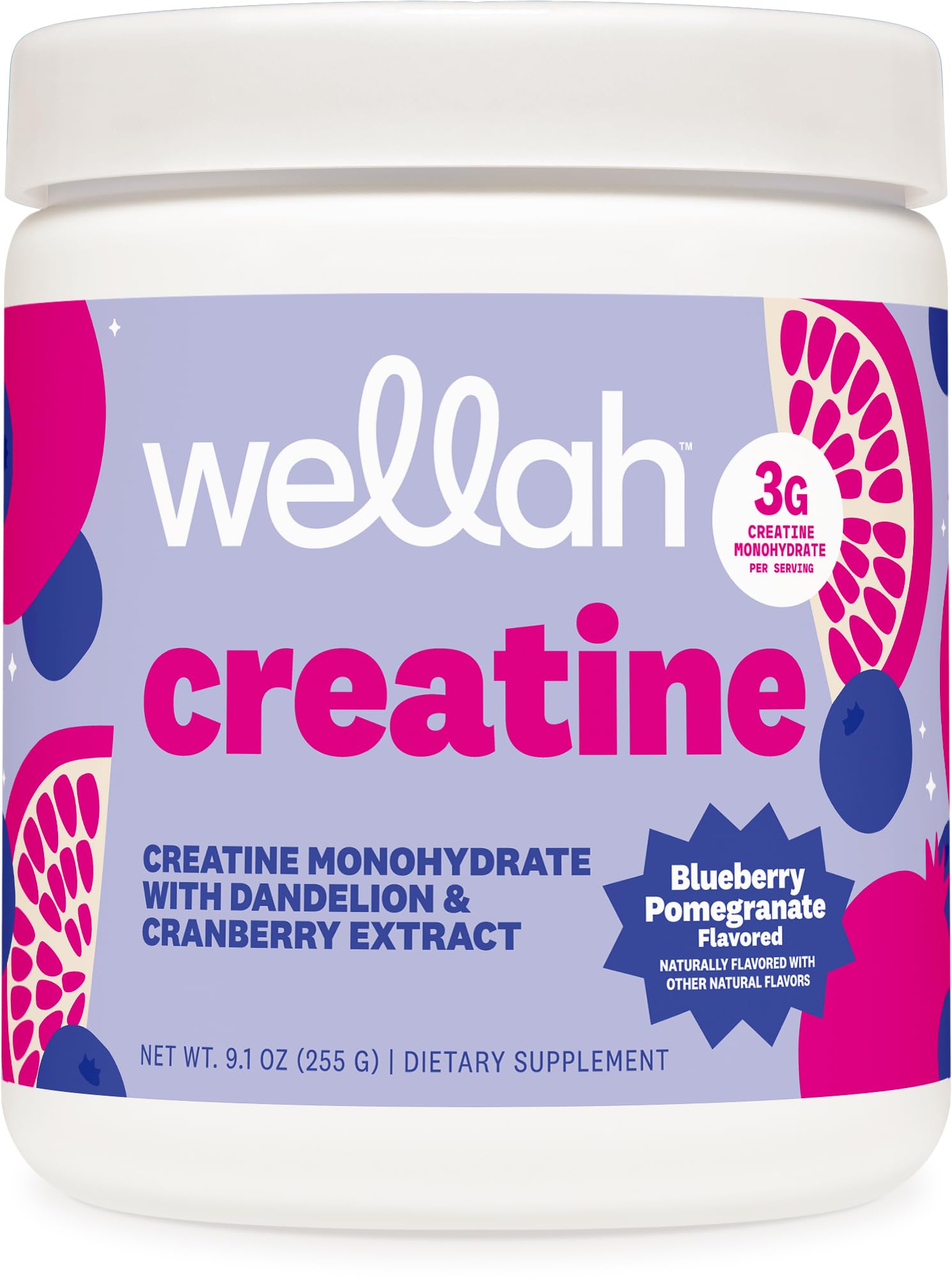 Wellah Creatine en flacon-poudre myrtille-grenade, soutien potentiel à l’endurance lors des entraînements