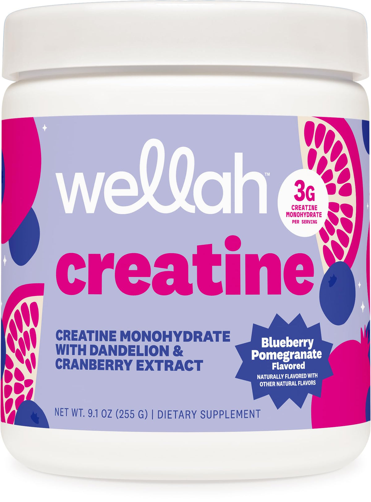 Wellah Creatine en flacon-poudre myrtille-grenade, soutien potentiel à l’endurance lors des entraînements