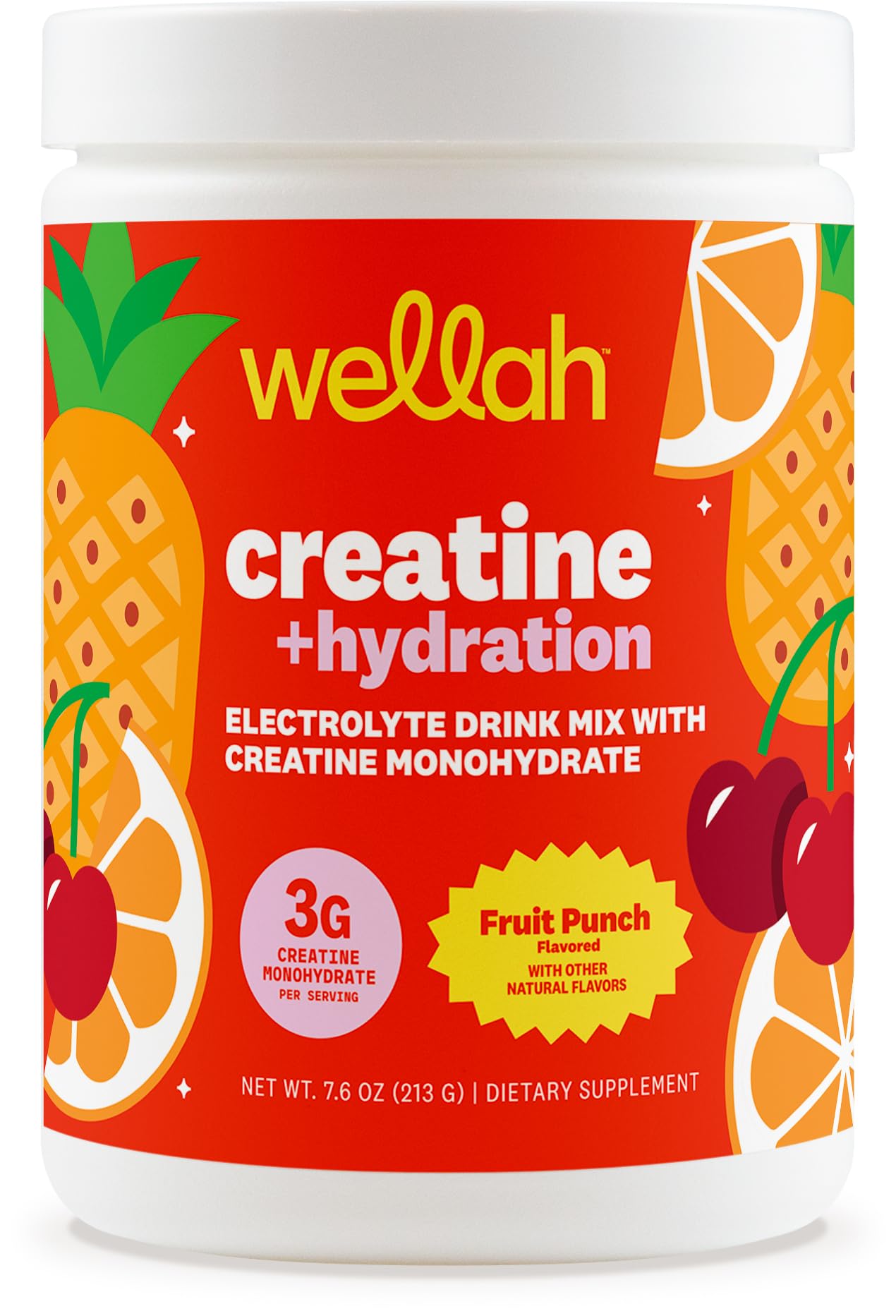 Wellah Creatine + Hydration Fruit Punch, bouteille ouverte, soutient l énergie lors des entraînements.