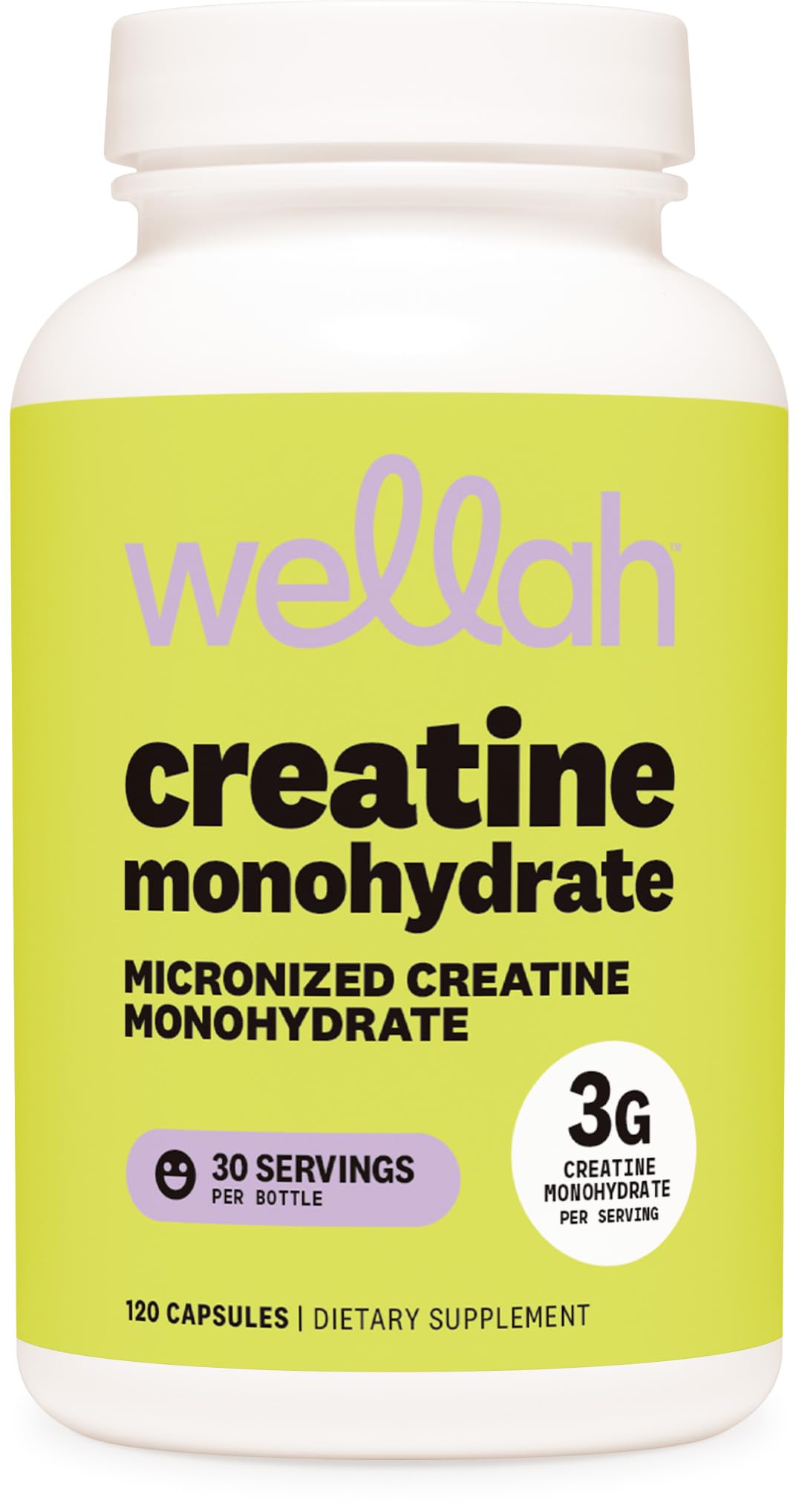 Boîte Wellah Créatine Monohydrate et étiquette claires pour repérage rapide