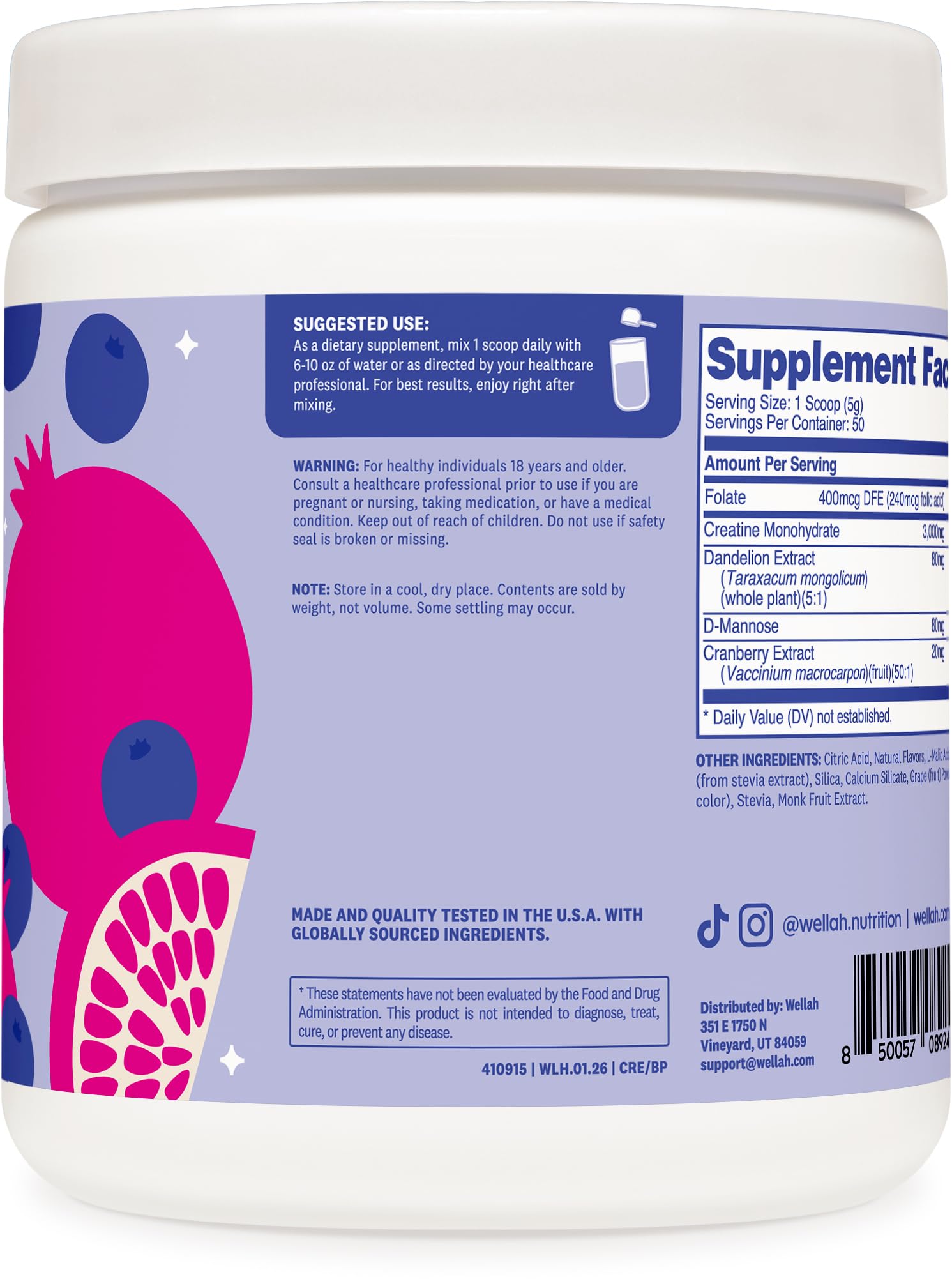Wellah Creatine poudre naturel, option non aromatisée facile à intégrer dans une boisson