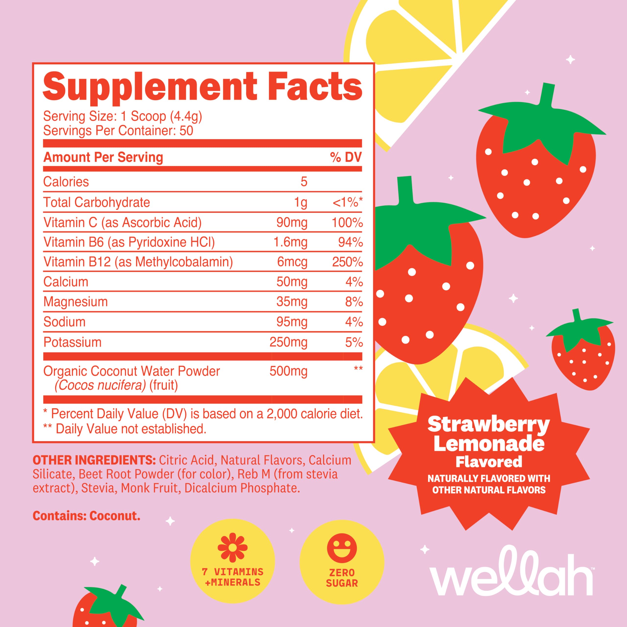 Verre avec Wellah Électrolytes, boisson fraise-citron adaptée après l effort.