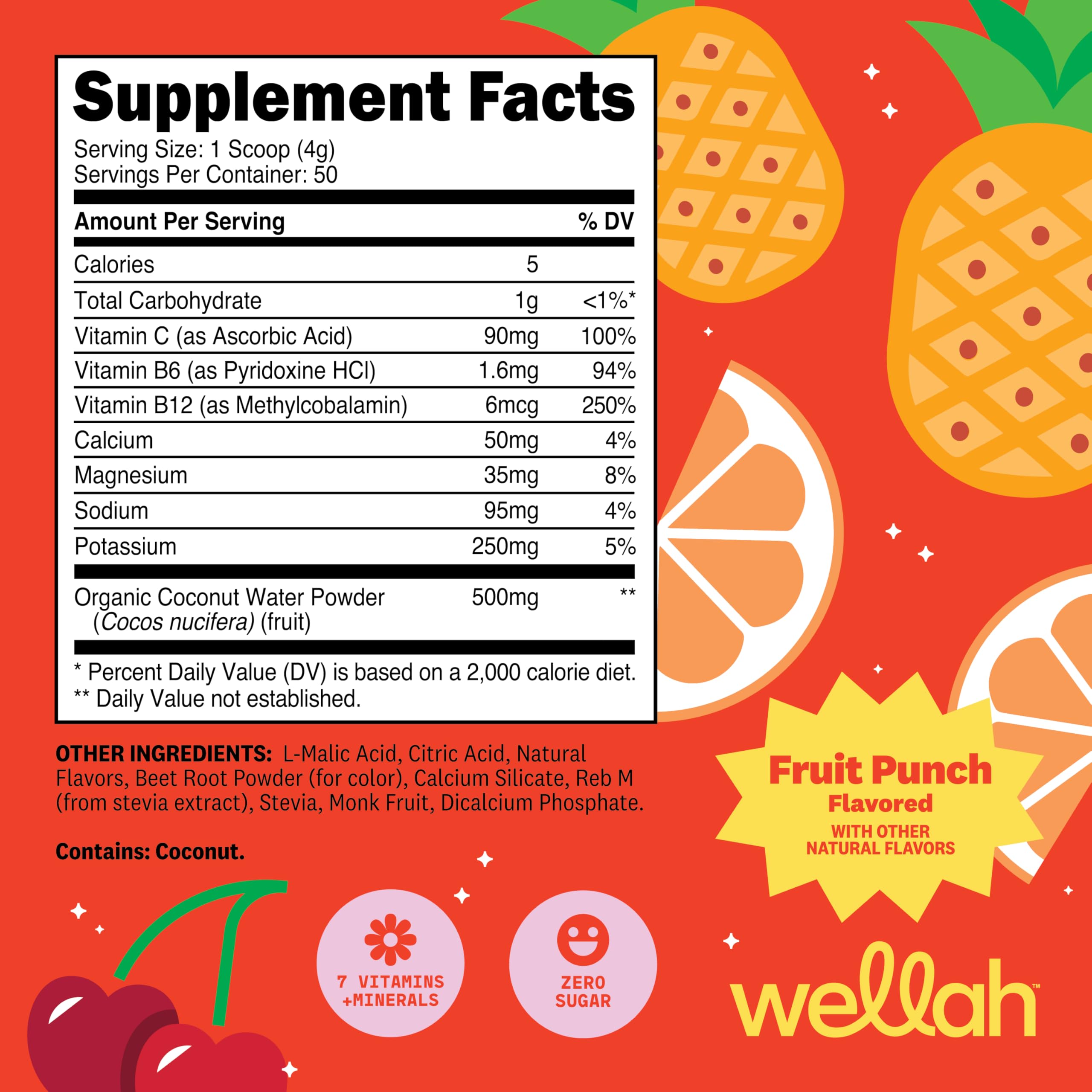 Cuillère-doseuse Wellah Electrolytes Fruit Punch prête à être mélangée pour une boisson rapide.