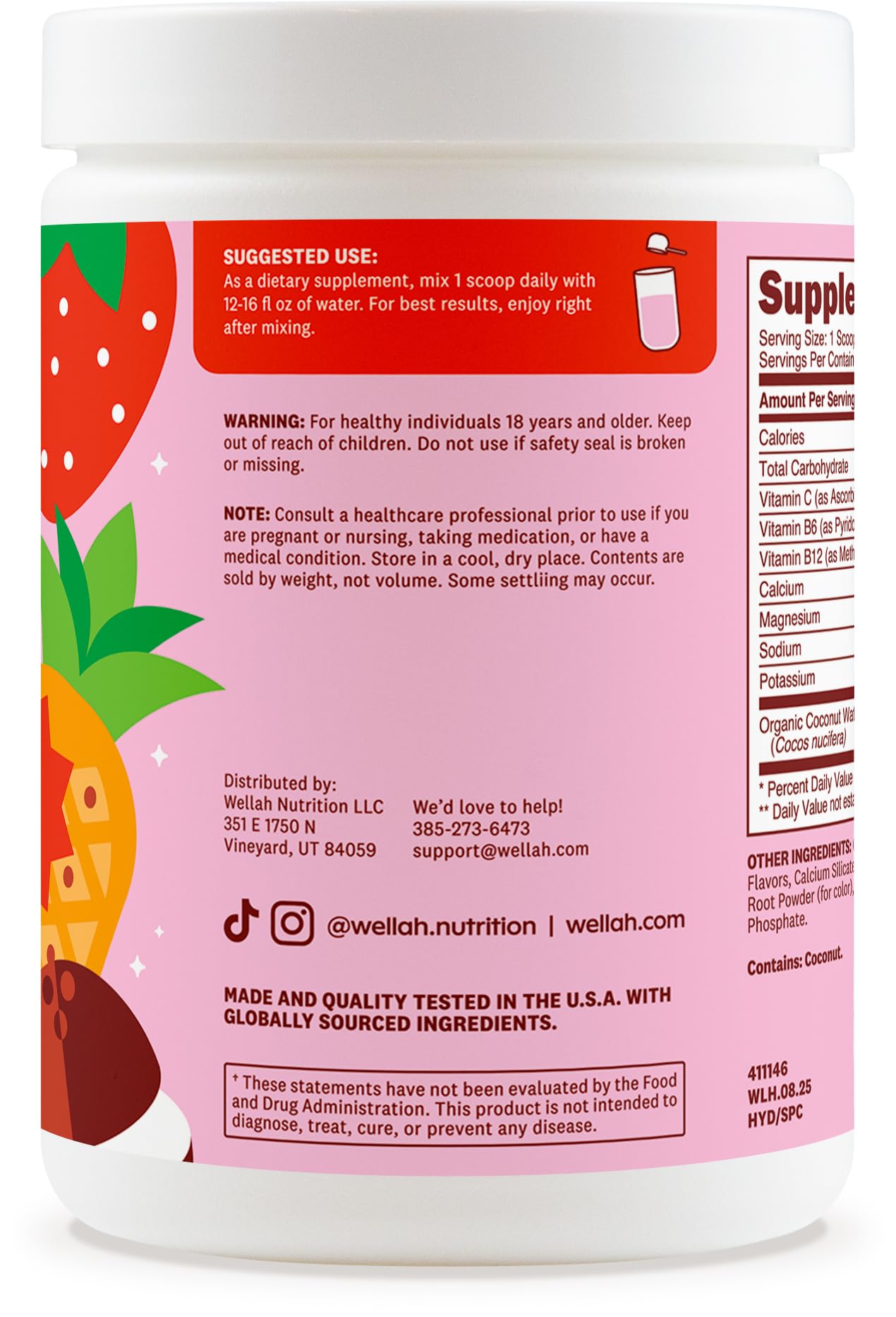 Goût fraise pina colada de Wellah Électrolytes, hydratation agréable