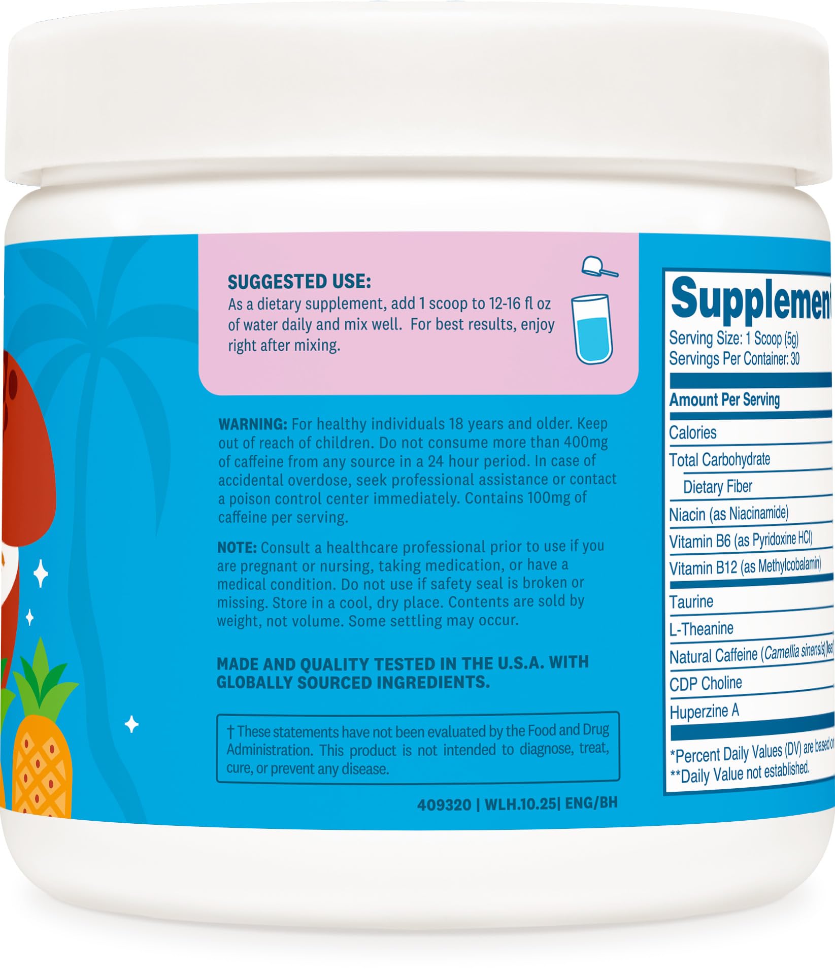 Verre d'eau infusé Wellah Energy Powder Blue Hawaii pour hydratation et énergie