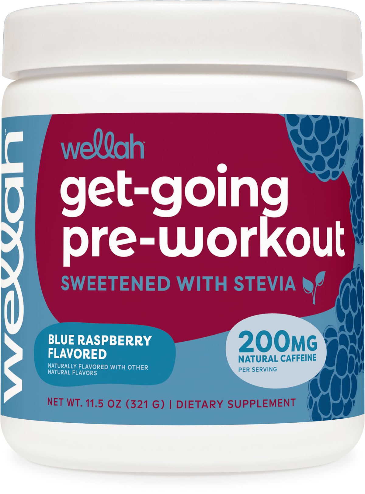 Wellah Get-Going: verre bleu framboise pour énergie pré-entraînement.