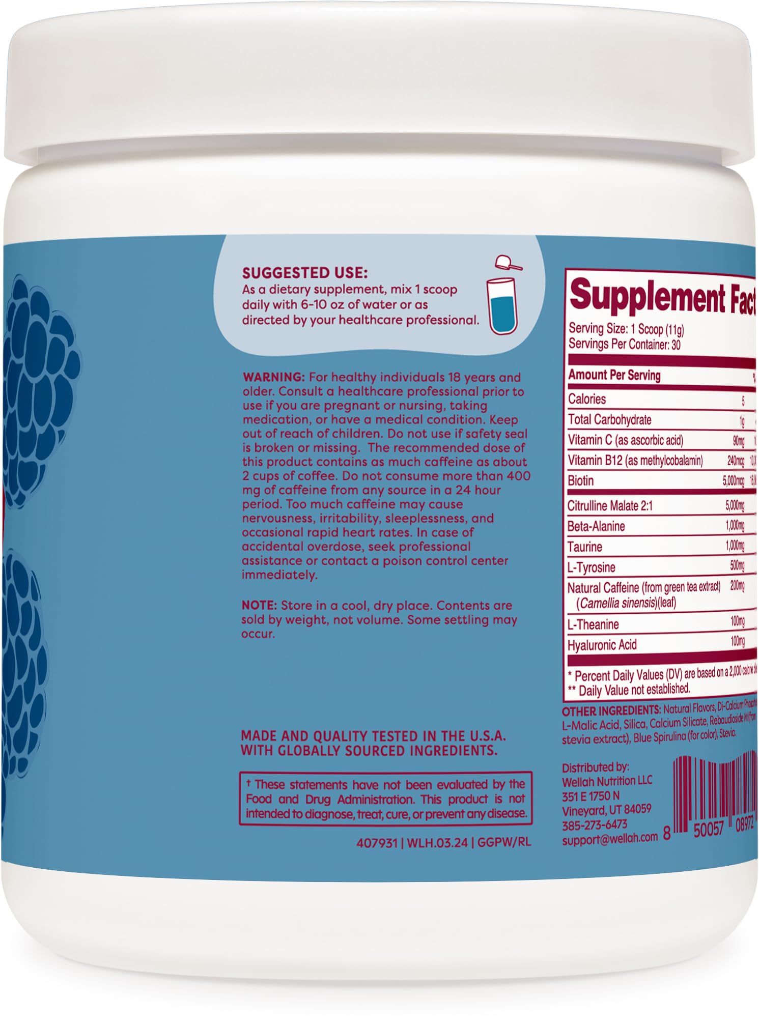 Bienfaits clés: Citrulline Malate et L-Theanine dans Wellah Get-Going.