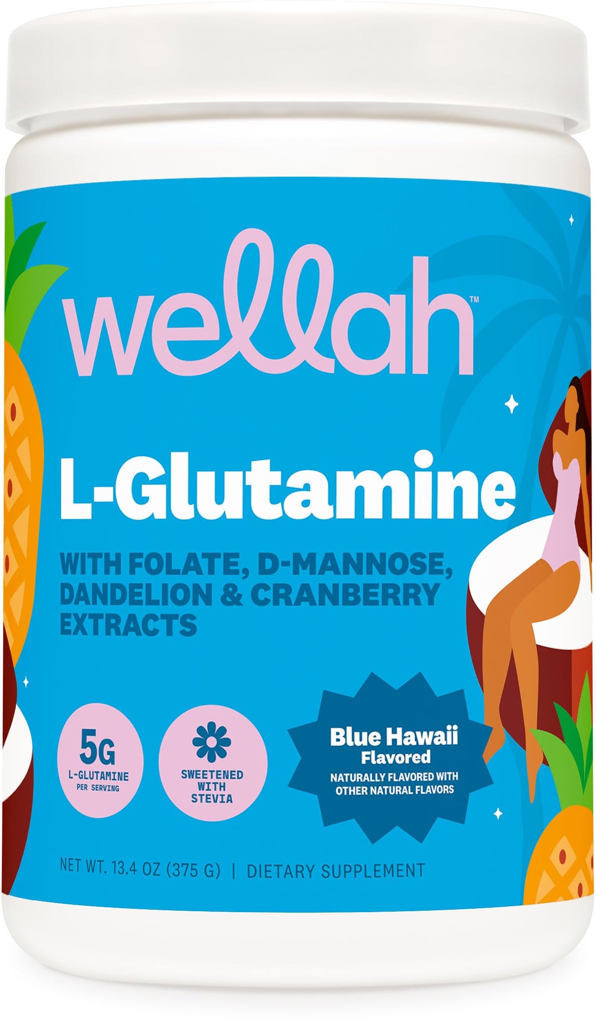 Wellah L-Glutamine Blue Hawaii, bouteille, goût agréable après l’entraînement