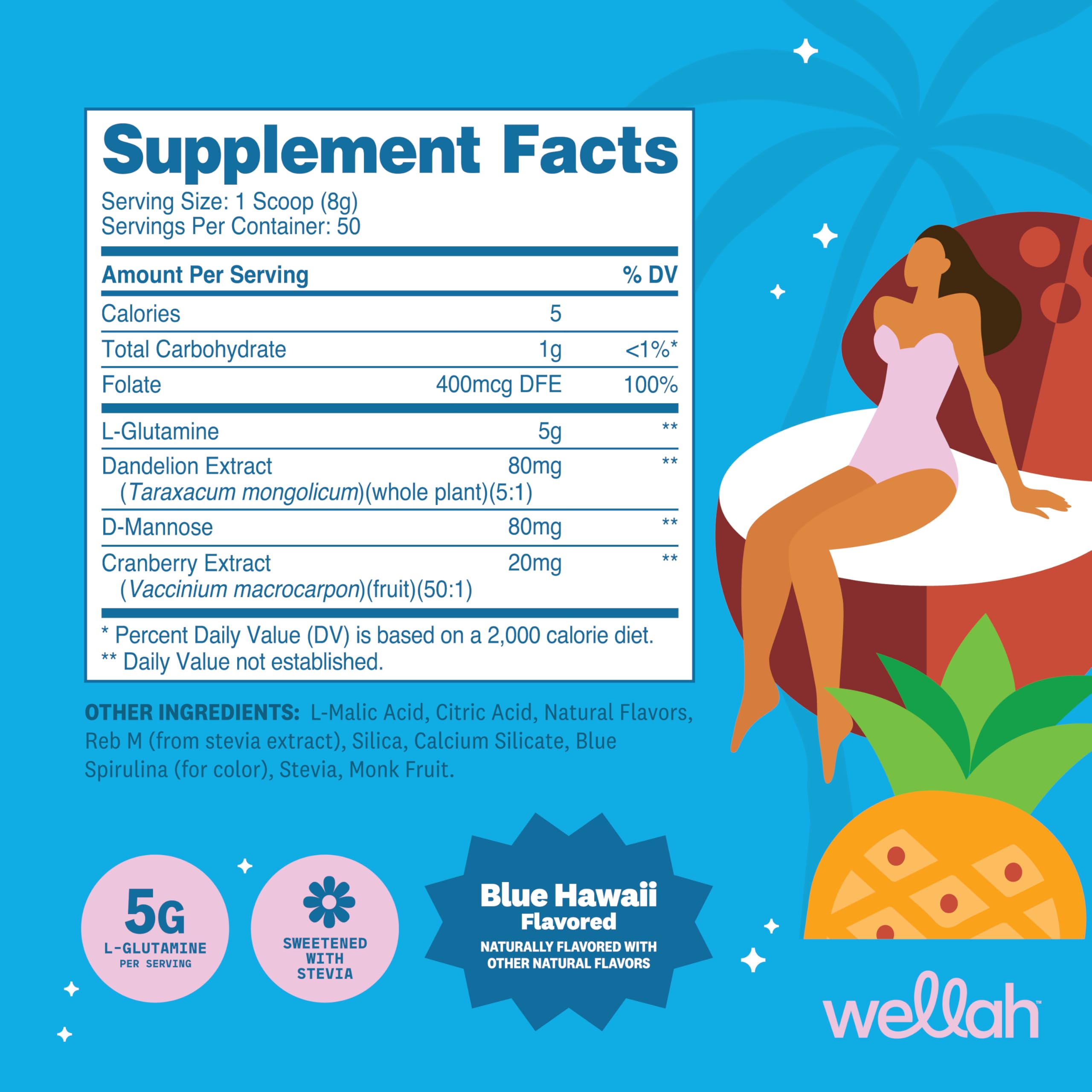 Paquet 50 portions Wellah L-Glutamine Blue Hawaii, dosage pratique