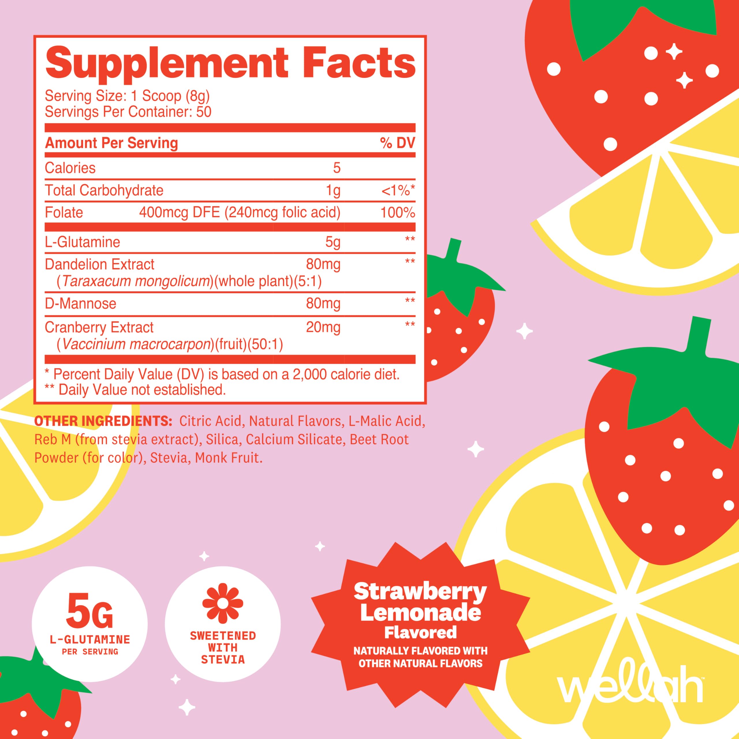 Étiquette Wellah L-Glutamine Fraise Citronnade sur le contenant de 50 portions.