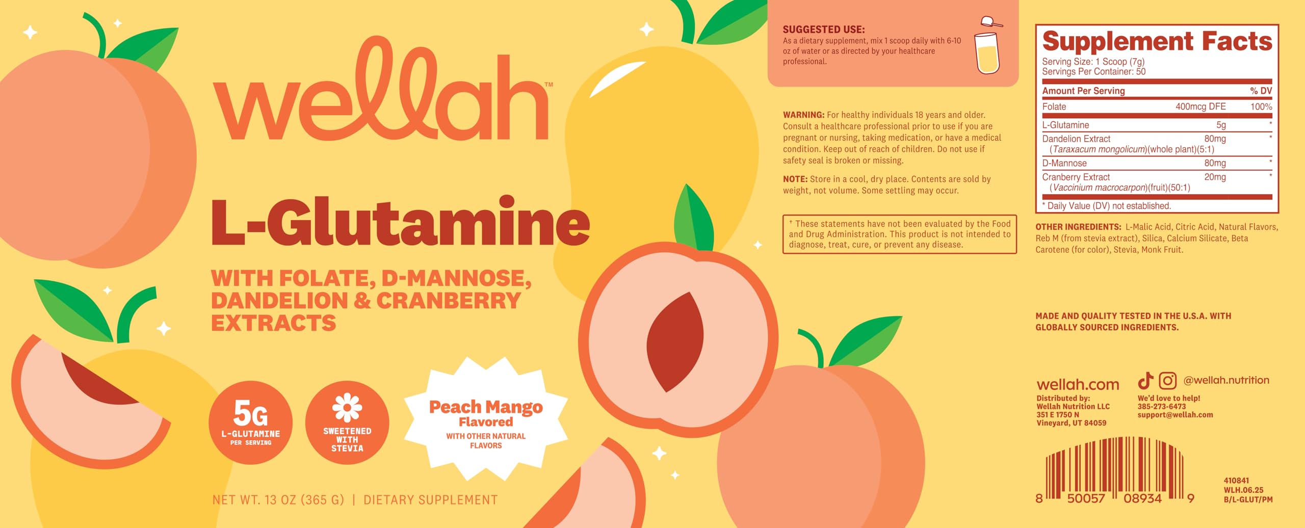 Étiquette claire Wellah L-Glutamine Peach Mango et informations nutritionnelles.