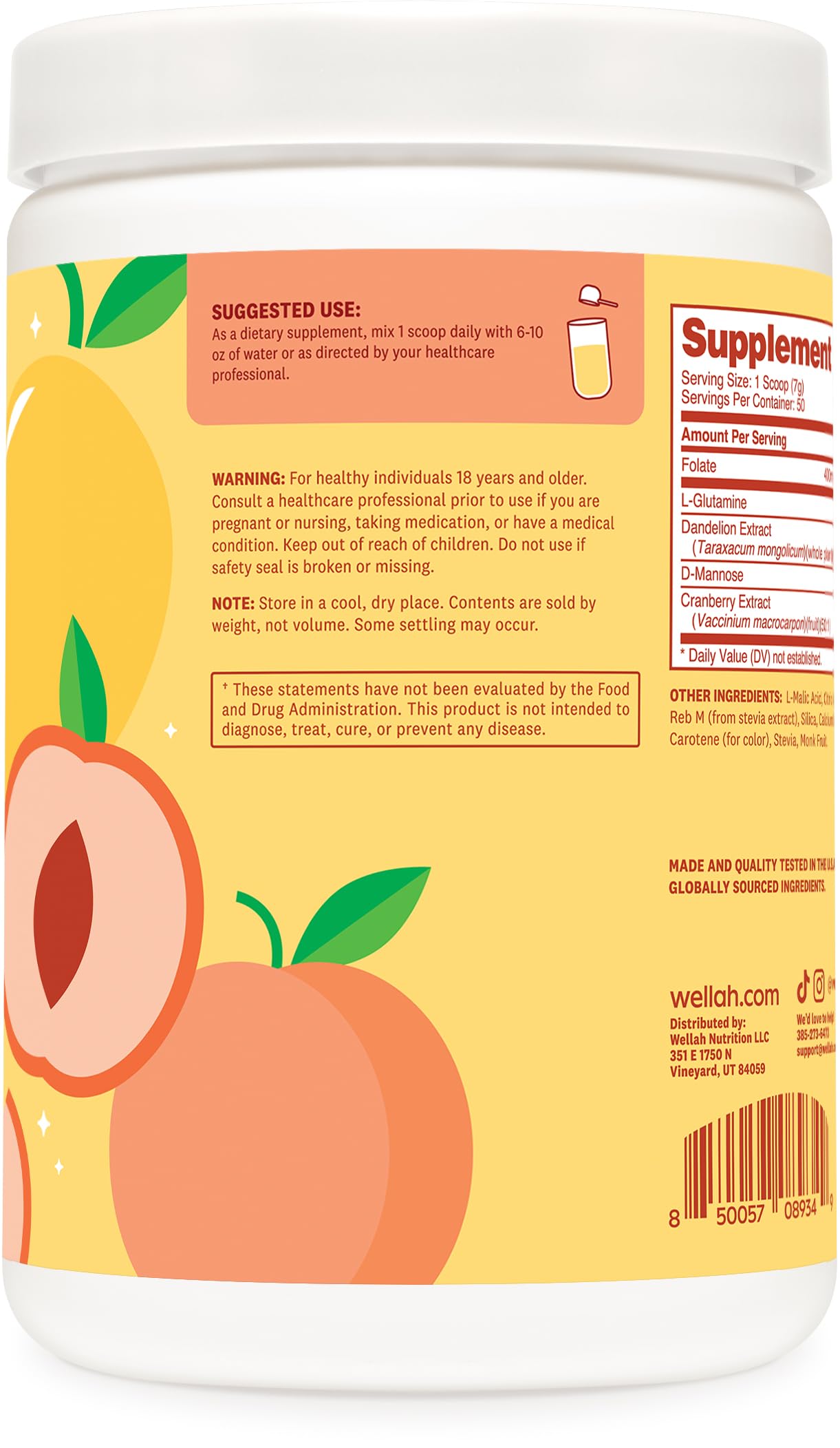 Poudre Peach Mango Wellah prête à se dissoudre dans l'eau fraîche.