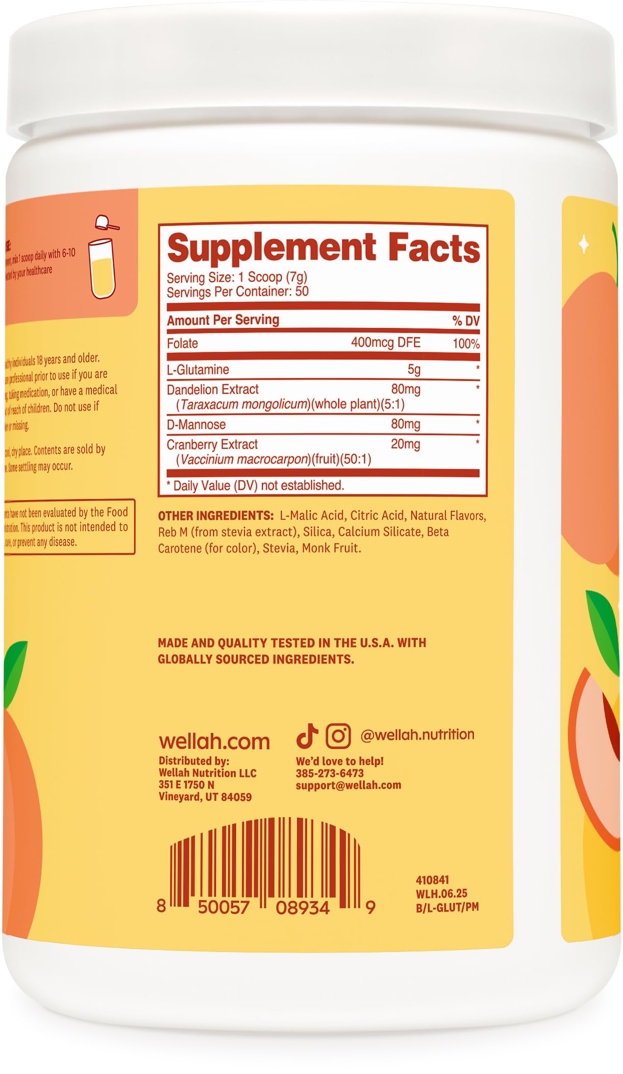 Verre prêt à mélanger Wellah L-Glutamine Peach Mango.