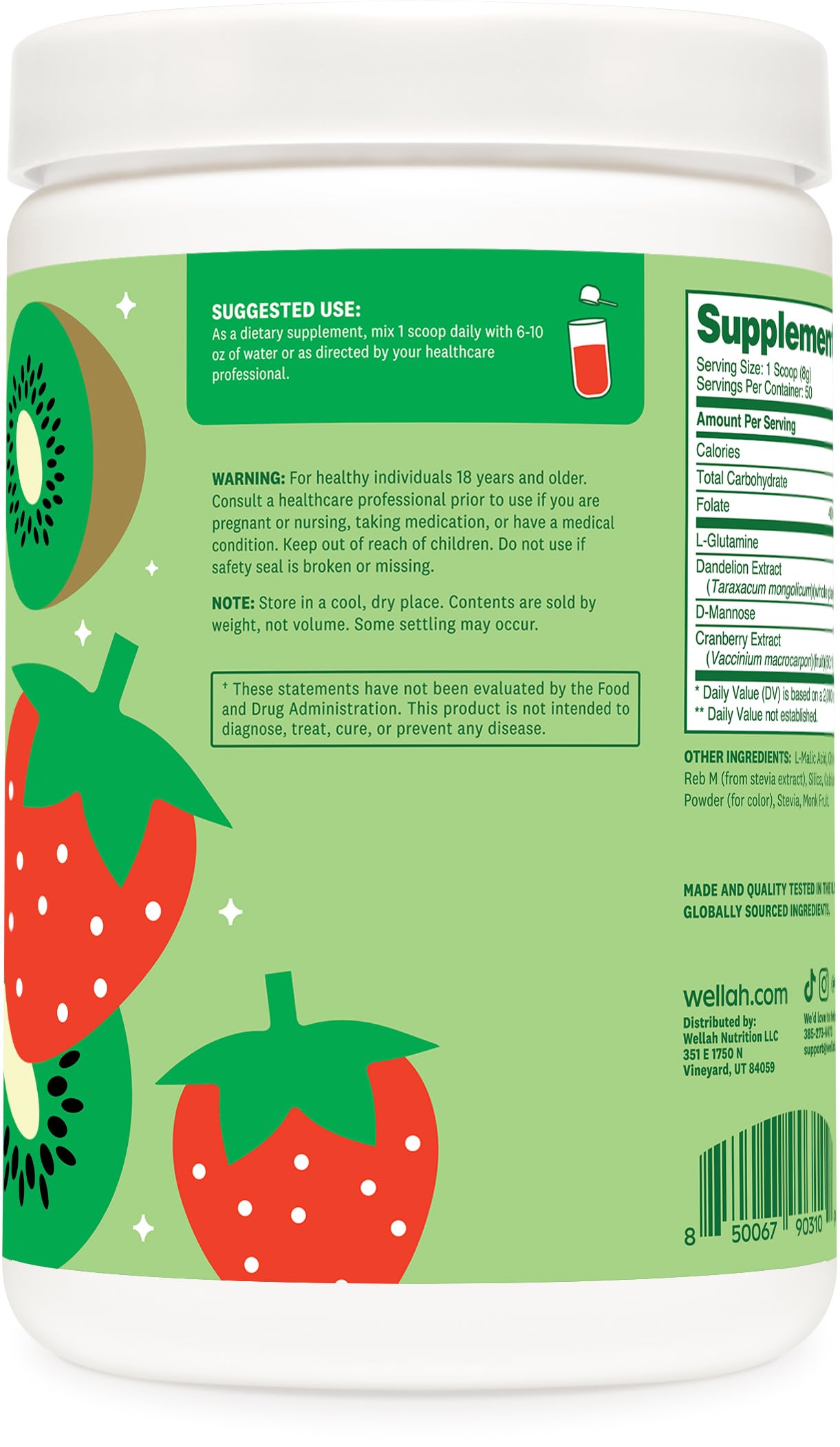 Étiquette Wellah L-Glutamine Poudre Fraise Kiwi : informations et saveur