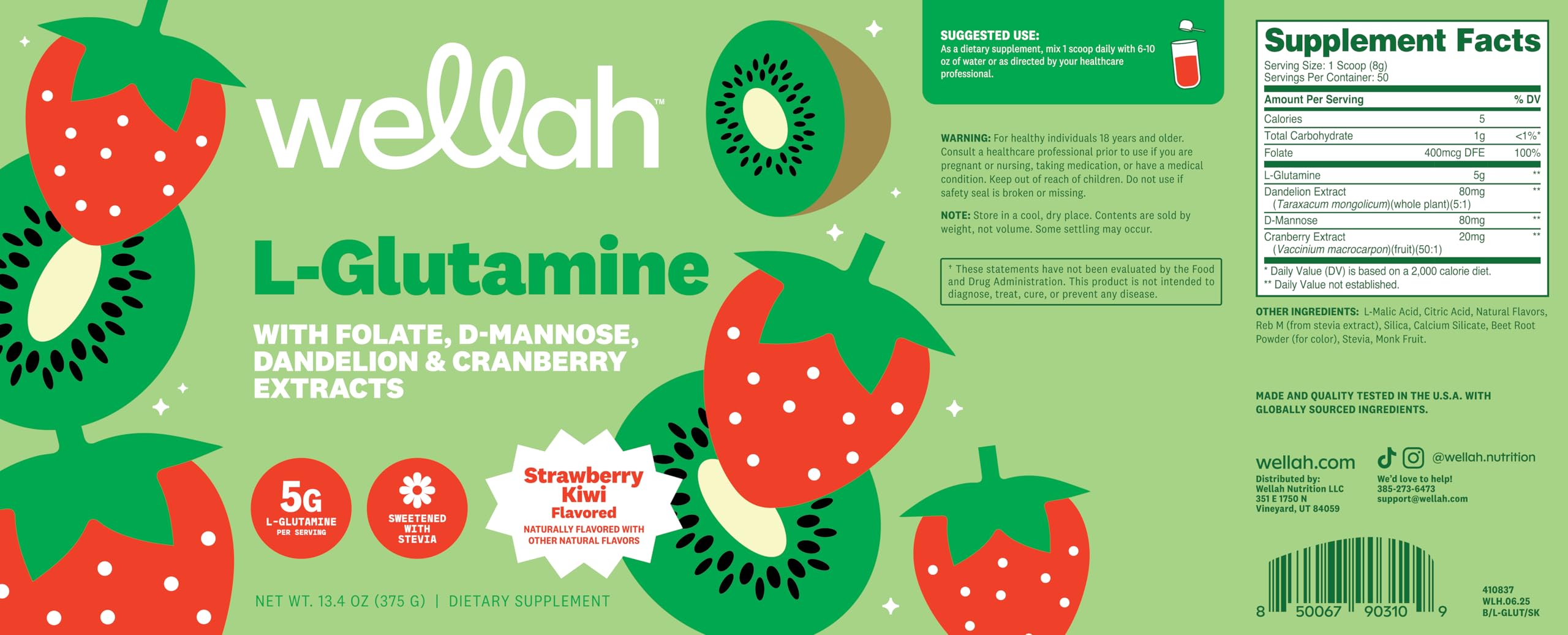 Préparation Wellah L-Glutamine Poudre Fraise Kiwi : dissolution facile dans boisson