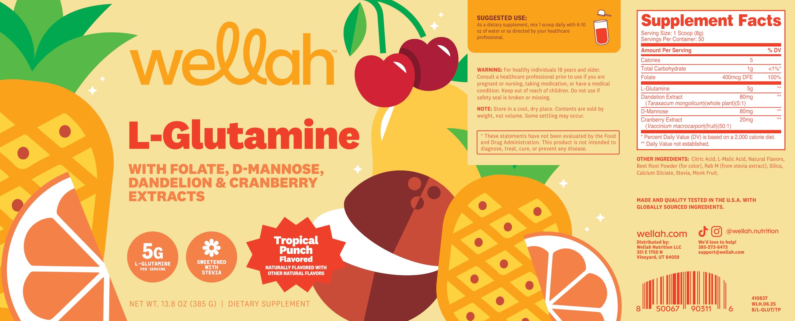 Portion Wellah L-Glutamine Poudre Punch Tropical, équilibre durable.