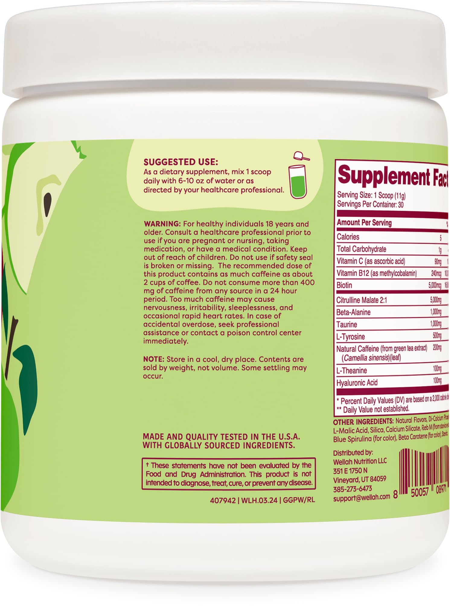 Wellah poudre pré-entraînement pomme verte, dosage simple pour vos séances