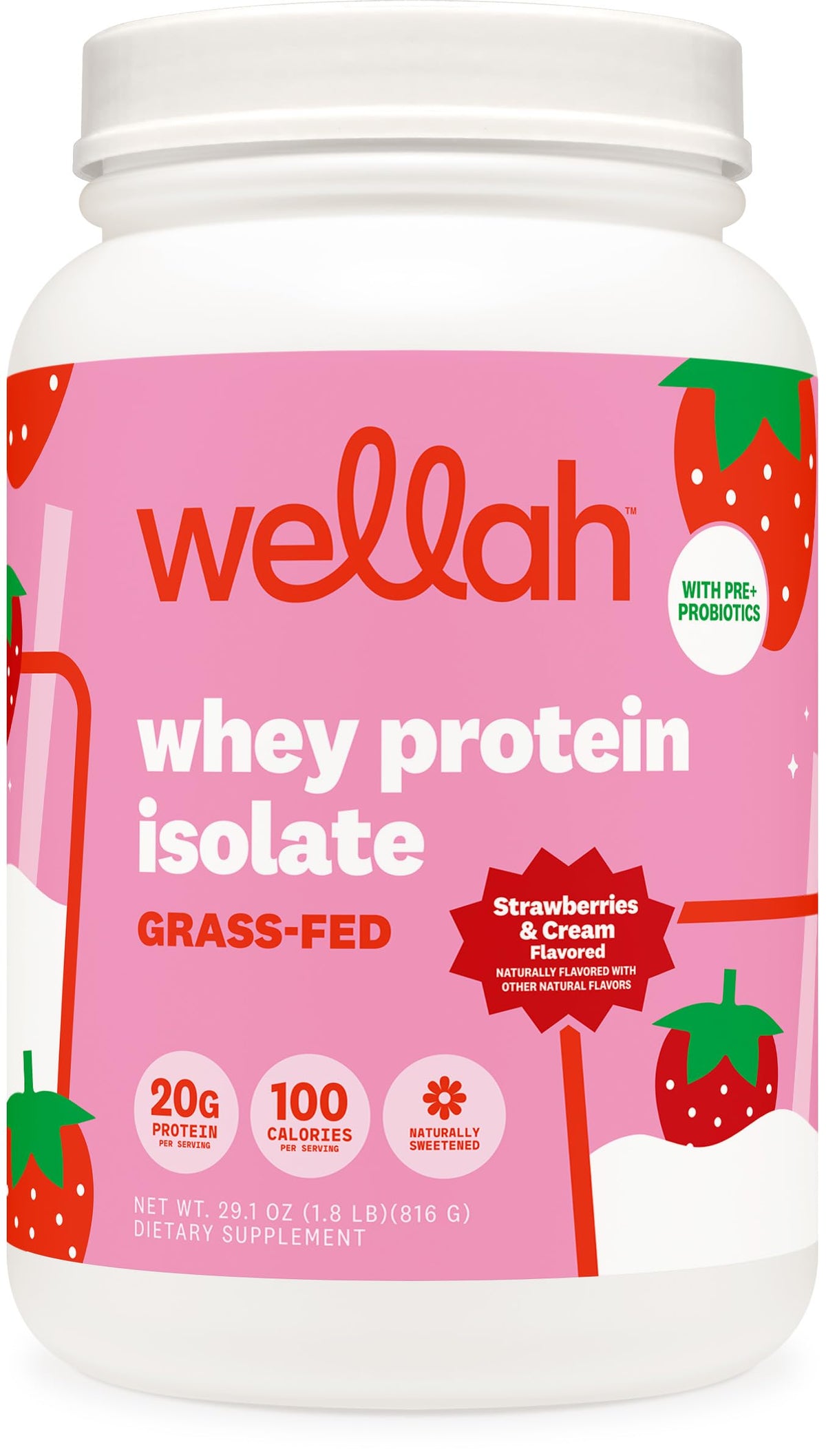 Wellah protéine lactosérum isolat fraises-crème, bouteille montrant l'emballage pratique.