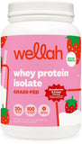 Wellah protéine lactosérum isolat fraises-crème, bouteille montrant l'emballage pratique.