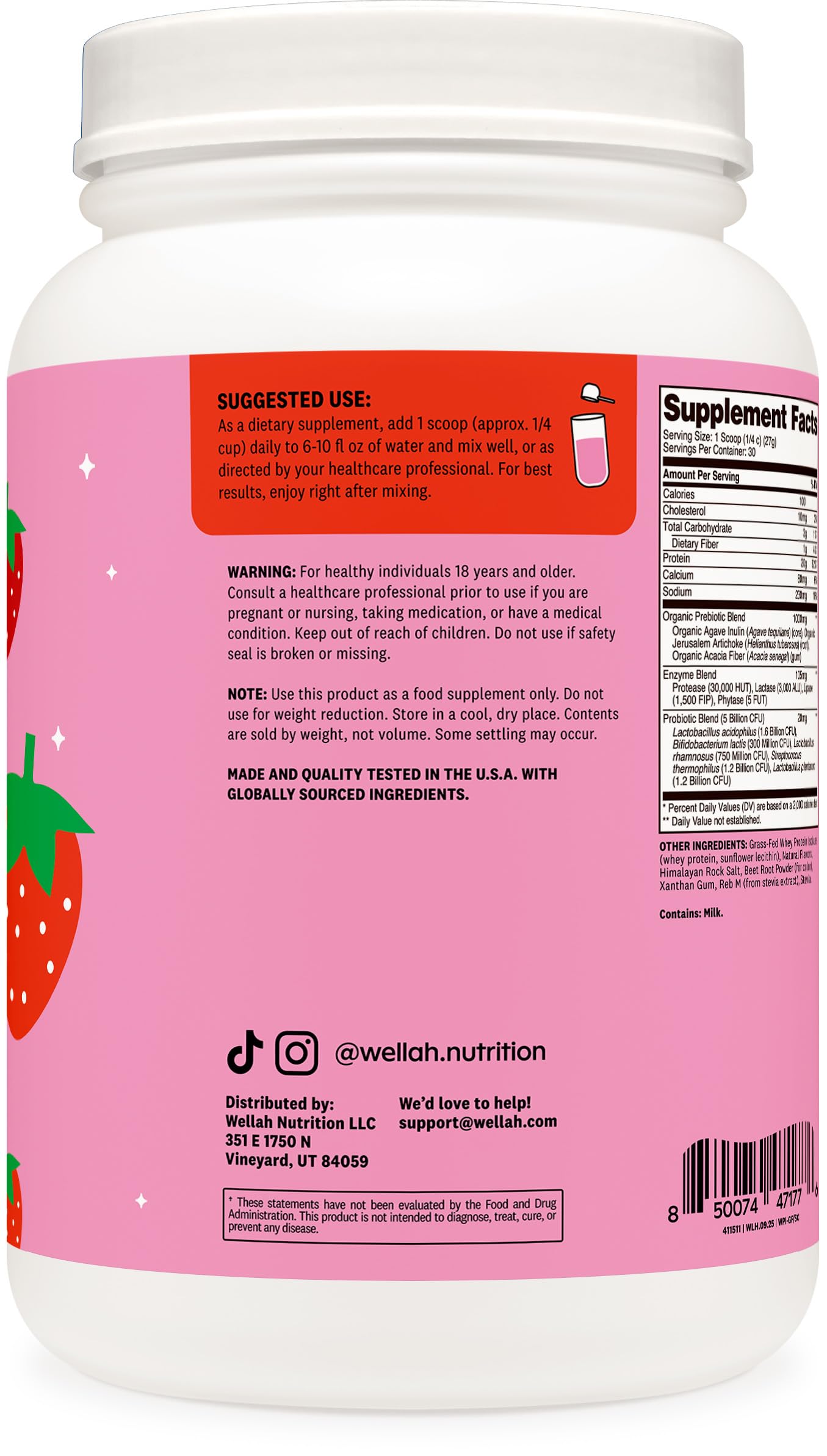 Wellah protéine lactosérum isolat fraises-crème étiquette claire et informative.