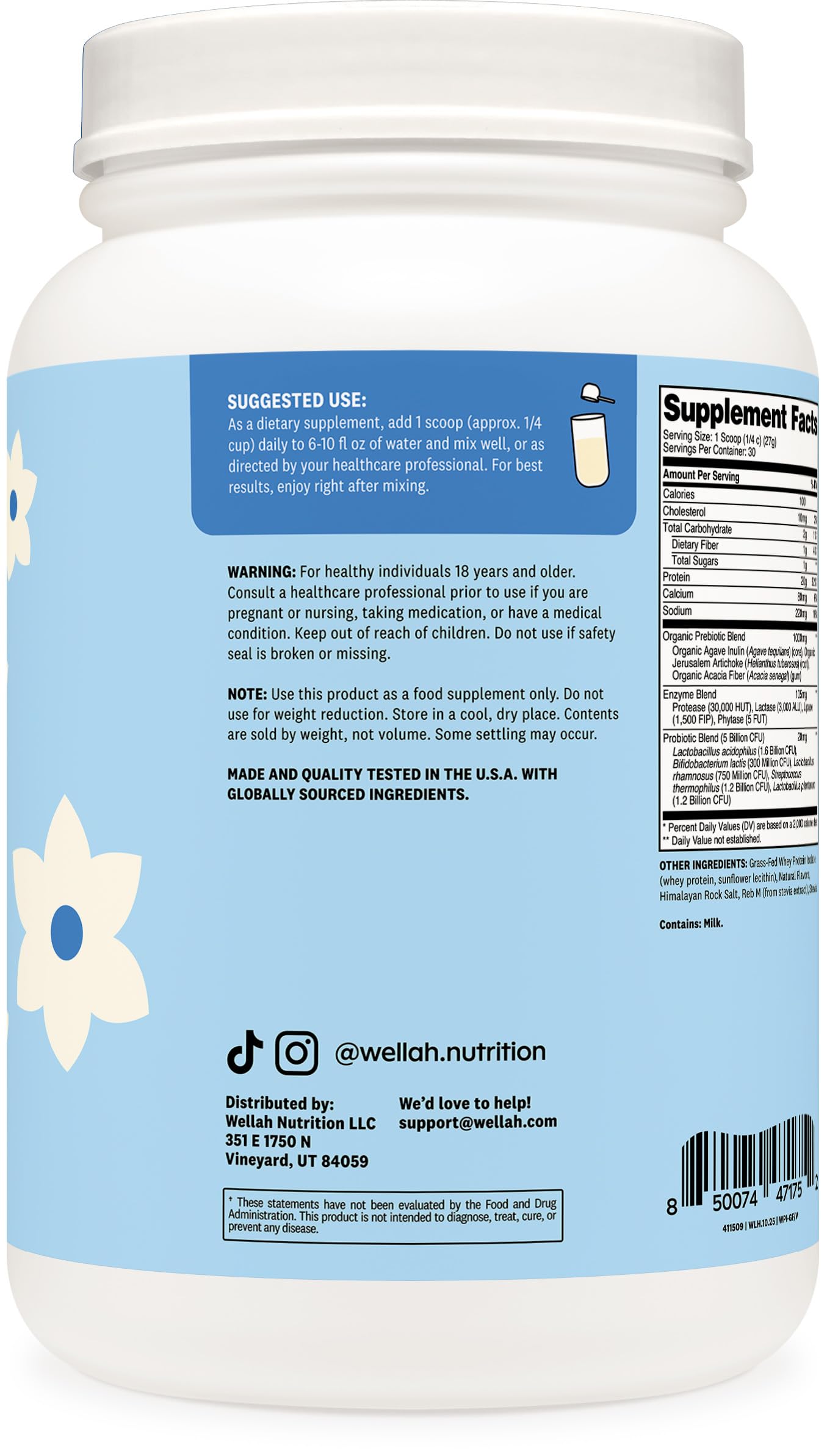 Étiquette Wellah Whey Vanille montrant prébiotiques et probiotiques pour digestion équilibrée.