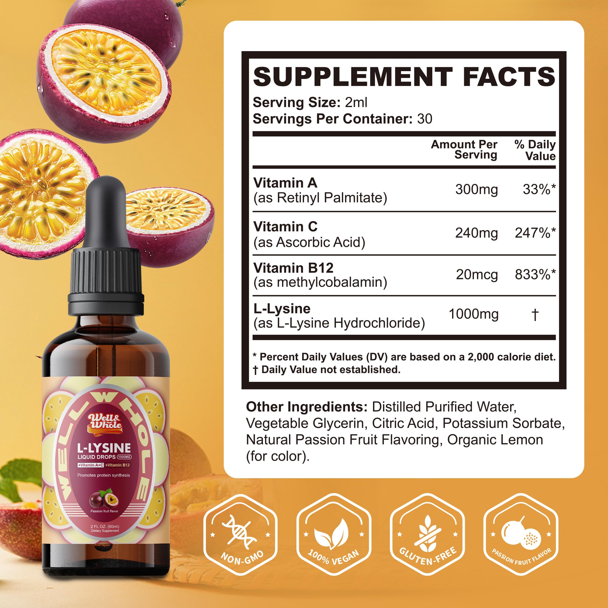 Well&Whole L-Lysine liquide compte-gouttes, prise quotidienne pratique