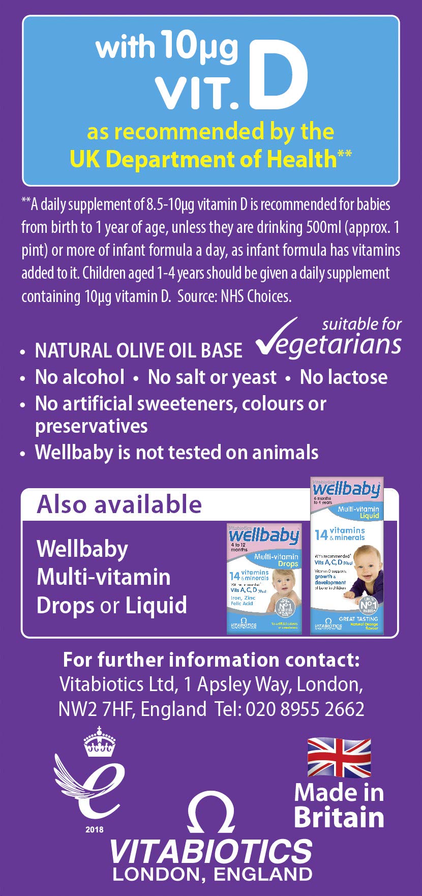 Boîte Wellbaby avec étiquette claire pour dosage précis.