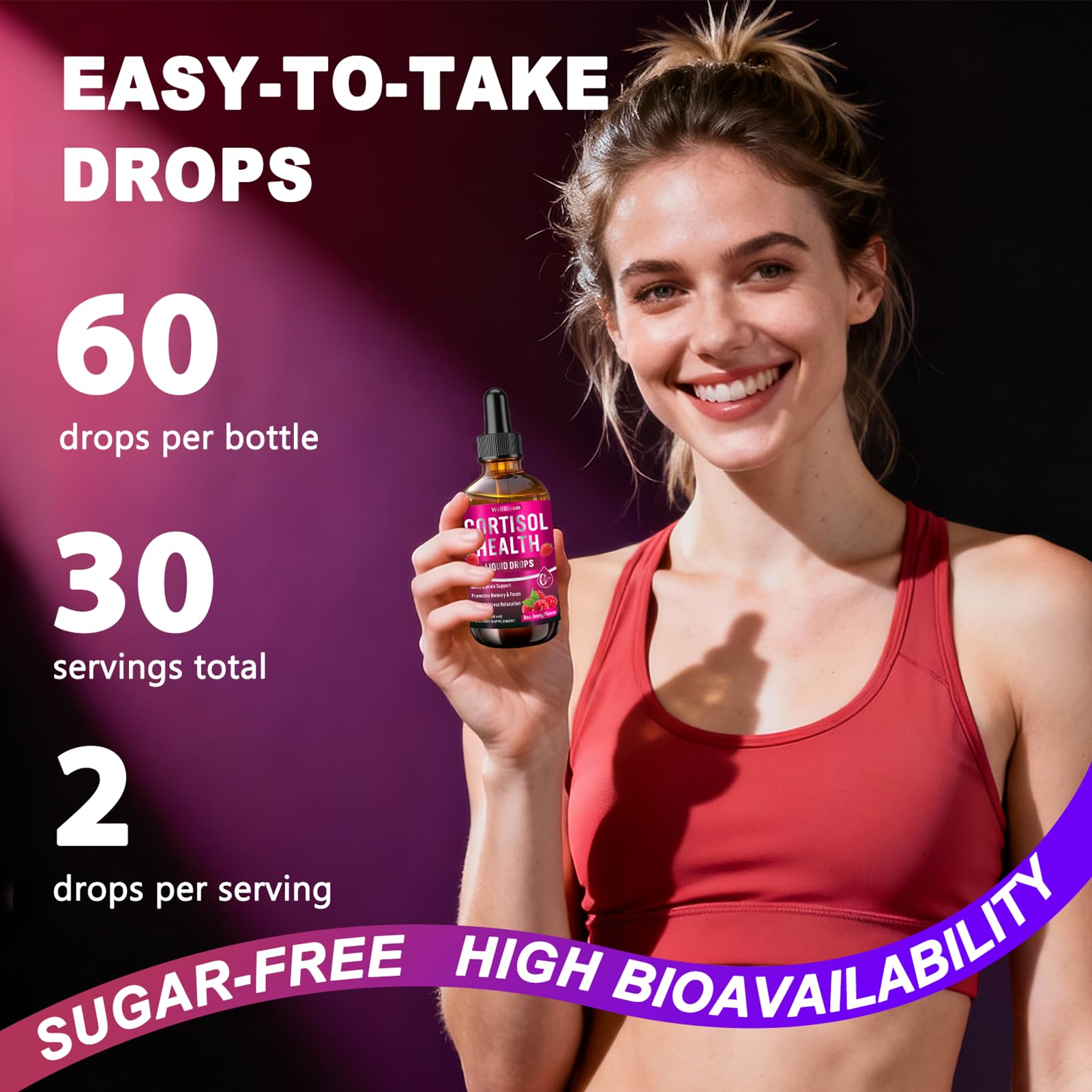 WellBloom Cortisol Reducer — arôme framboise agréable lors de l’utilisation des gouttes.