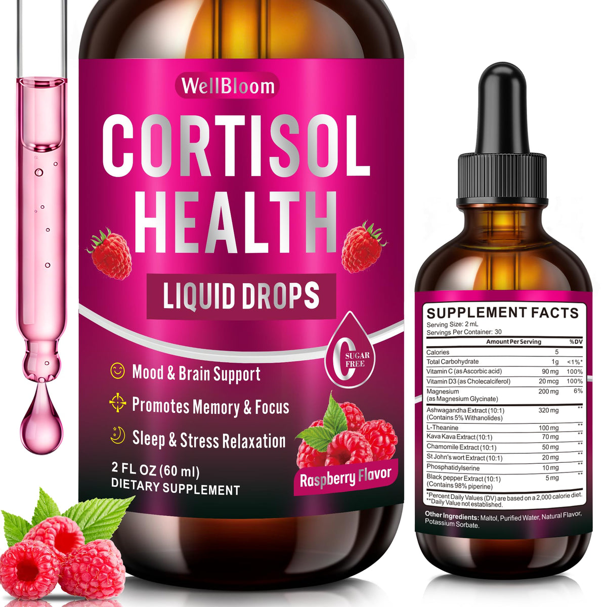 WellBloom Cortisol Reducer — bouteille-gouttes framboise pour un soutien potentiel au calme et au sommeil.
