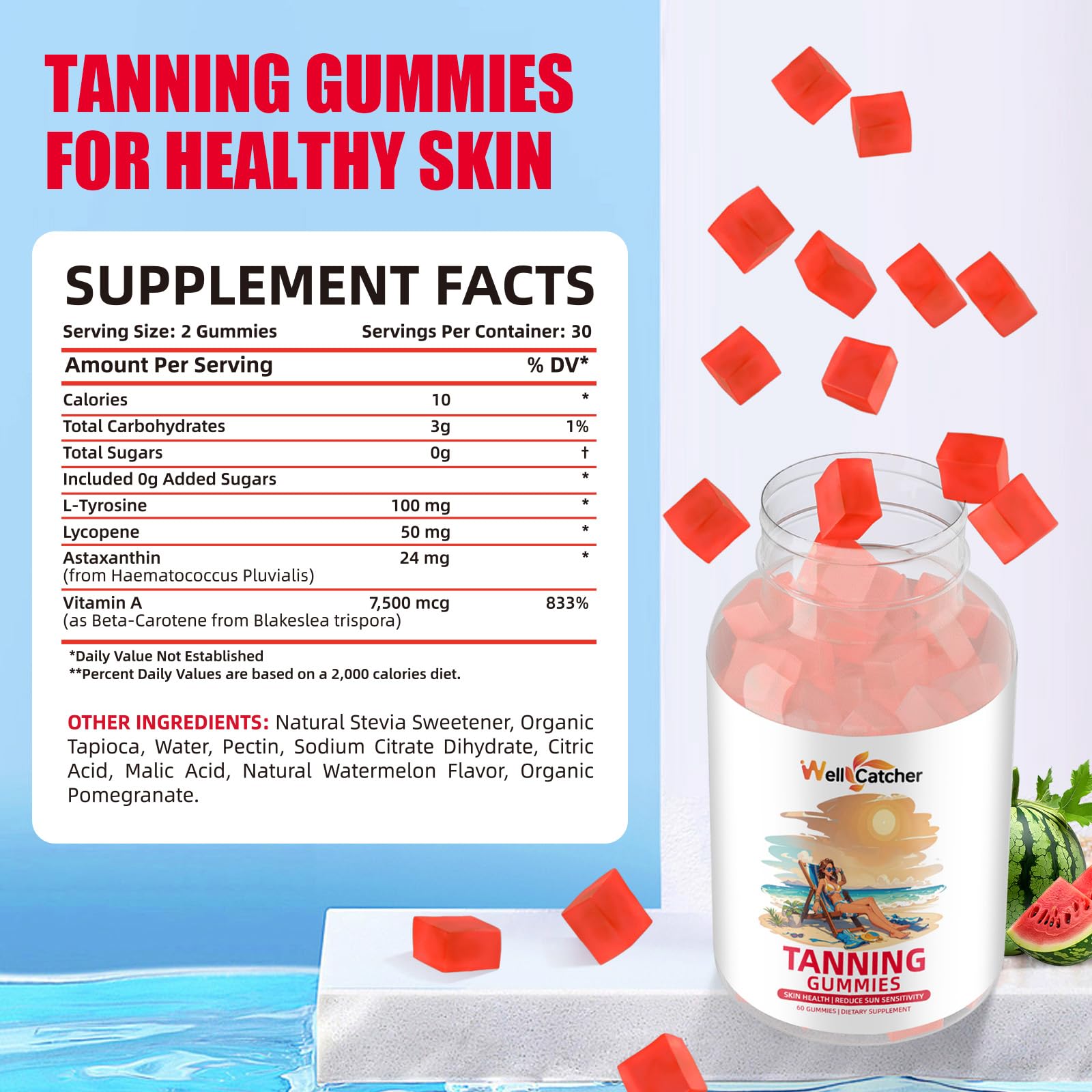 Wellcatcher gommes bronzage vegan sans gluten, choix adapté aux régimes.